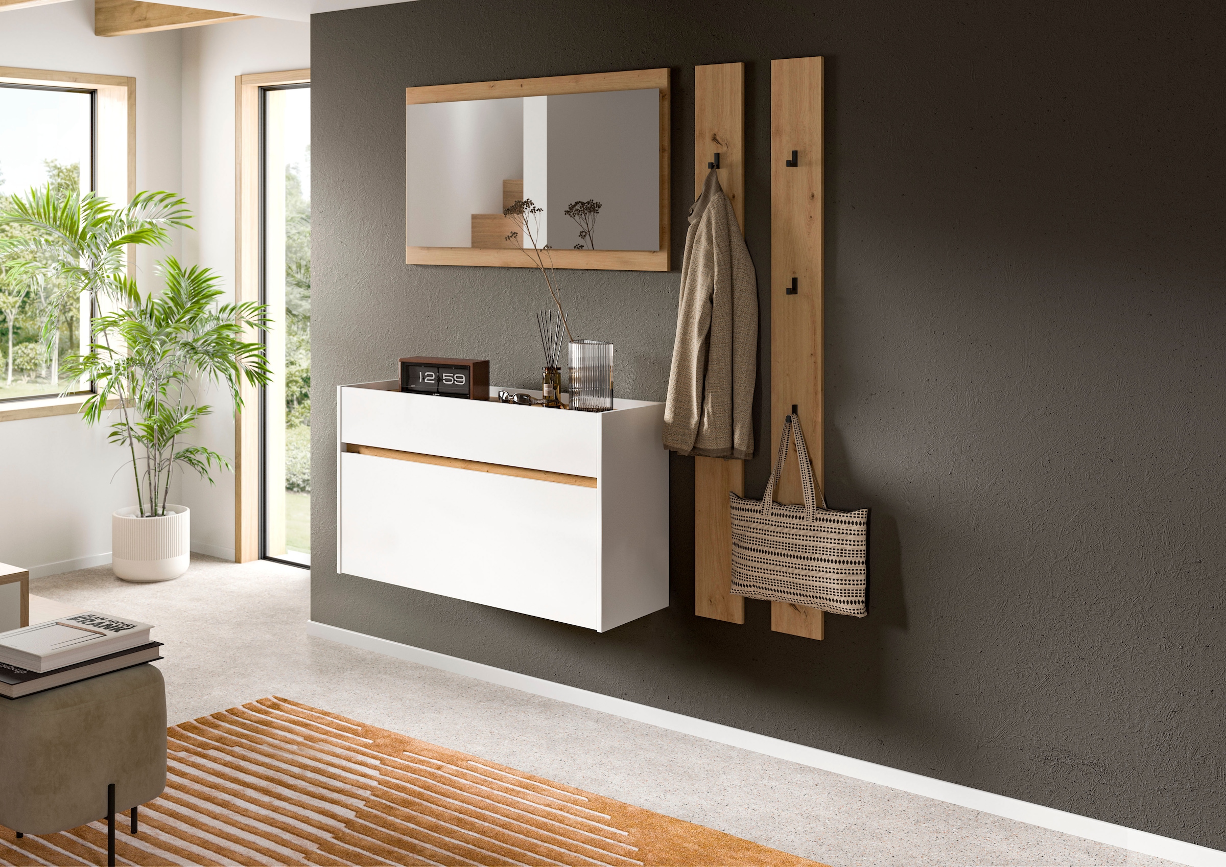 INOSIGN Garderoben-Set »EVRID, 4-teilig, Breite 172 cm, individuell hängbar & erweiterbar« best. aus: Kommode, Spiegel & 2x Hakenleiste, 4 Stk. tlg.