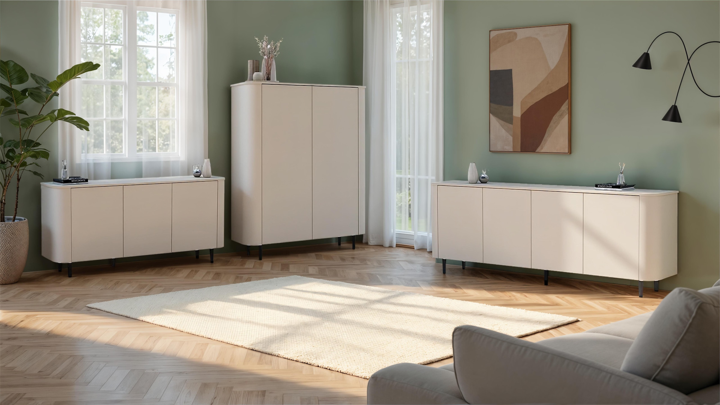 INOSIGN Sideboard »Lido, 231 cm breit, 4 Türen, Anrichte, Kommode, Stauraumschrank« Formgebogenes MDF, Stirnseiten mit Rundung, Push-to-open, Metallfüße