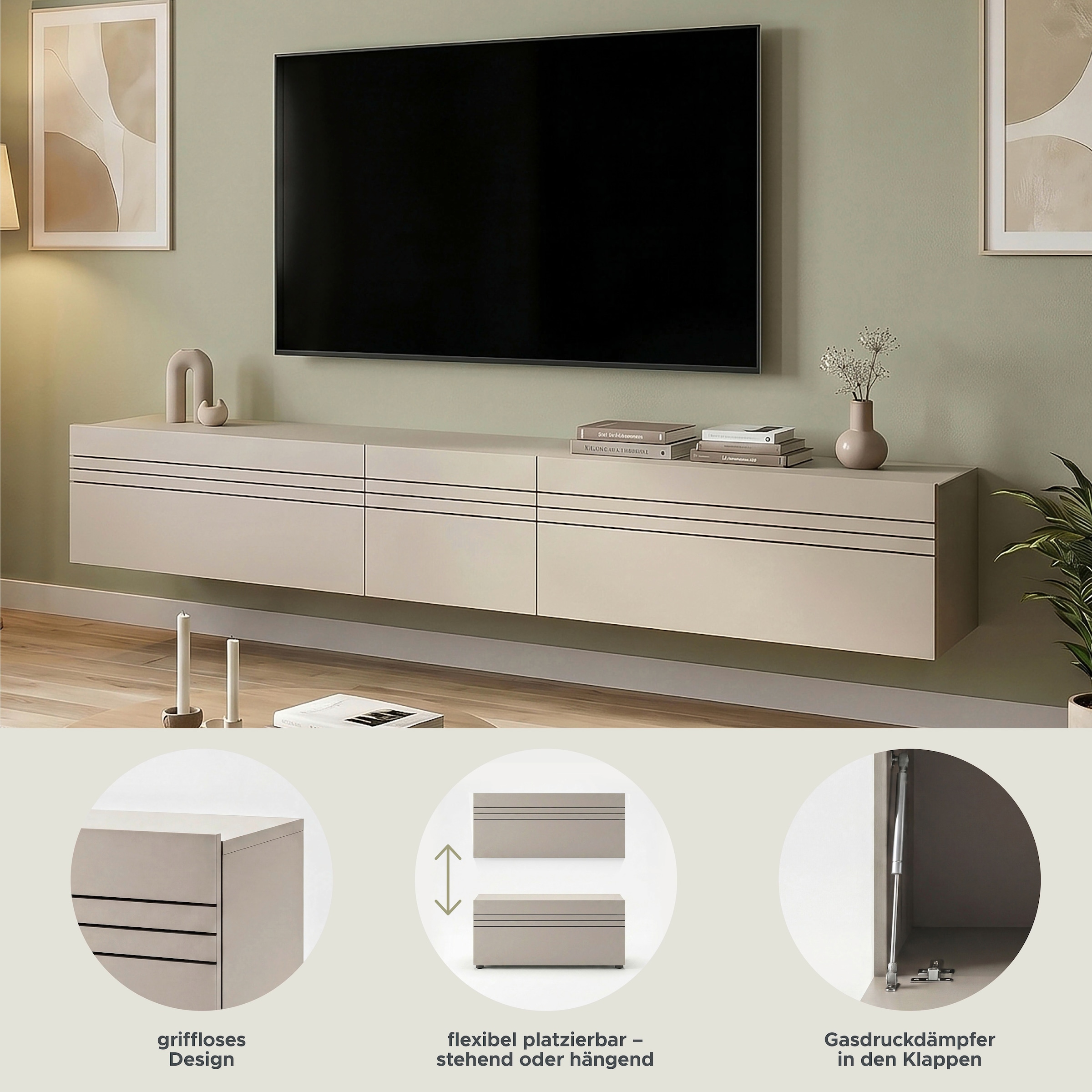 OTTO home Lowboard »SPIAGGIA, 3-teiliges Set, Breite 225cm, stehend & hängend montierbar« TV-Möbel, TV-Schrank, TV-Lowboard, Mediaboard