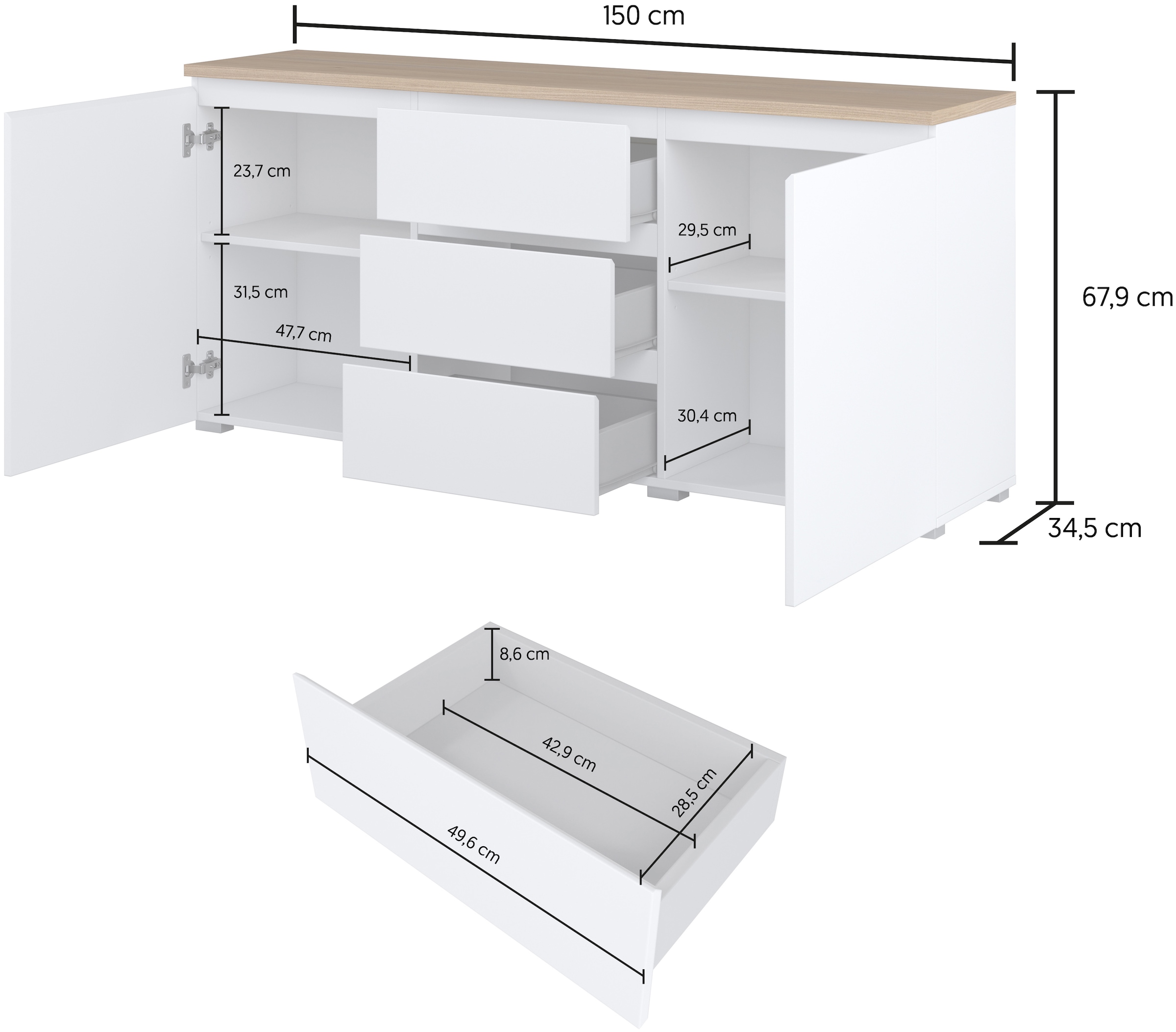 OTTO home Sideboard »Modo, Breite 150 cm, moderne grifflose Kommode 2Türen/3 SK« Schubladenkommode mit viel Stauraum, Einlegeböden verstellbar