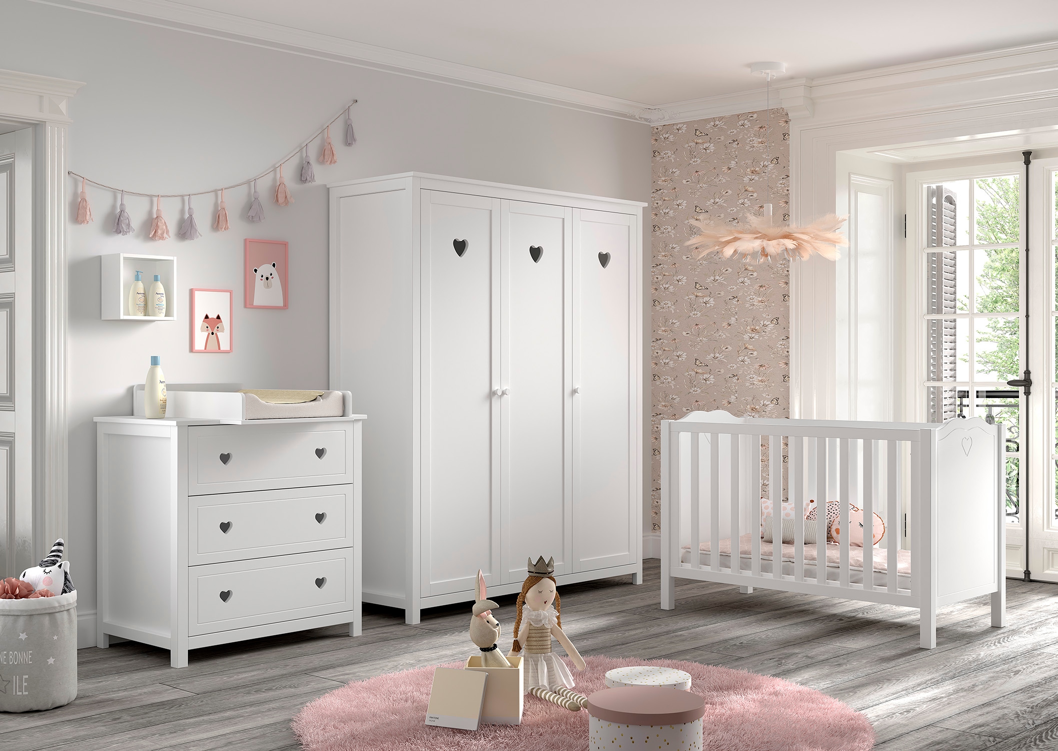 Vipack Babyzimmer-Komplettset »Amori 4-tlg. mit Herz-Ornamenten, MDF/Massiv weiß lackiert«, (4 tlg.)