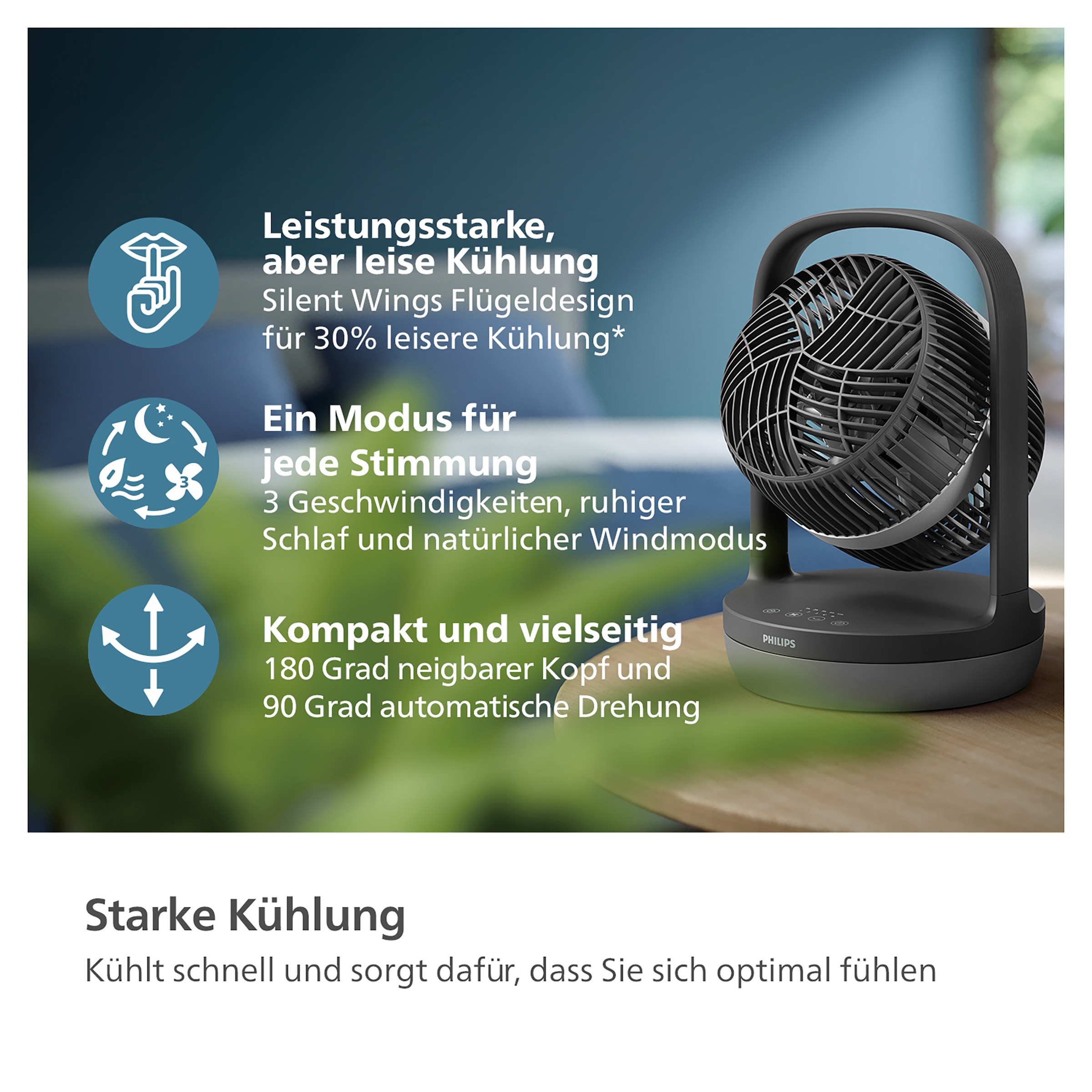 Philips Tischventilator »CX3050/01 Serie 3000, mit extrem leiser SilentWings-Technologie, 19 dB«, mit 180°-Neigung, 12-Stunden-Timer, für Schlafzimmer, Haus & Büro