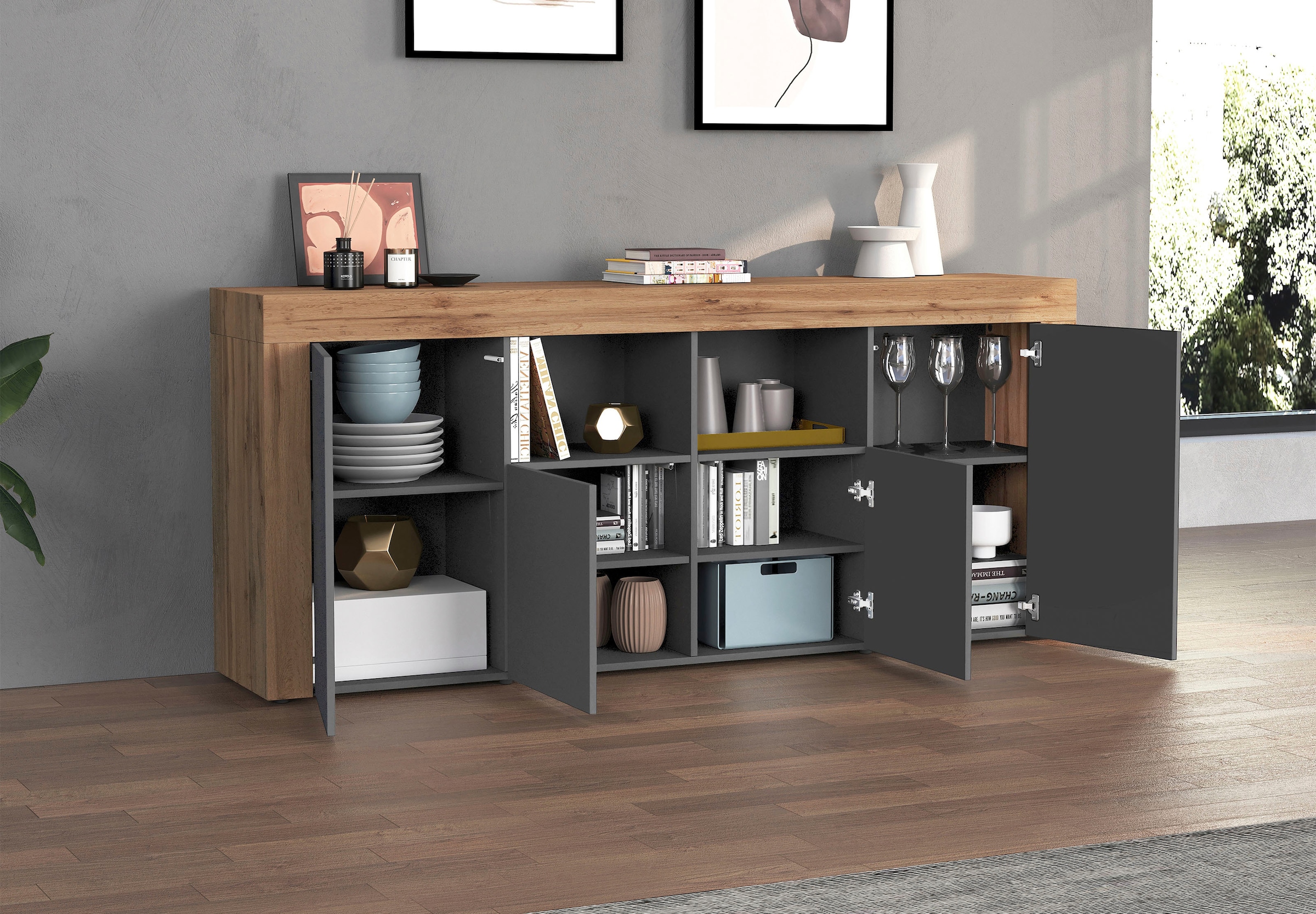 INOSIGN Sideboard »CHRONOS Breite 200 cm  mit 4 Türen, 2 offene und 8 geschlossene Fächer« 1 Stk. tlg. Sideboard,Kommode, Schrank, Grifflos mit Push to Open, Made in Italy