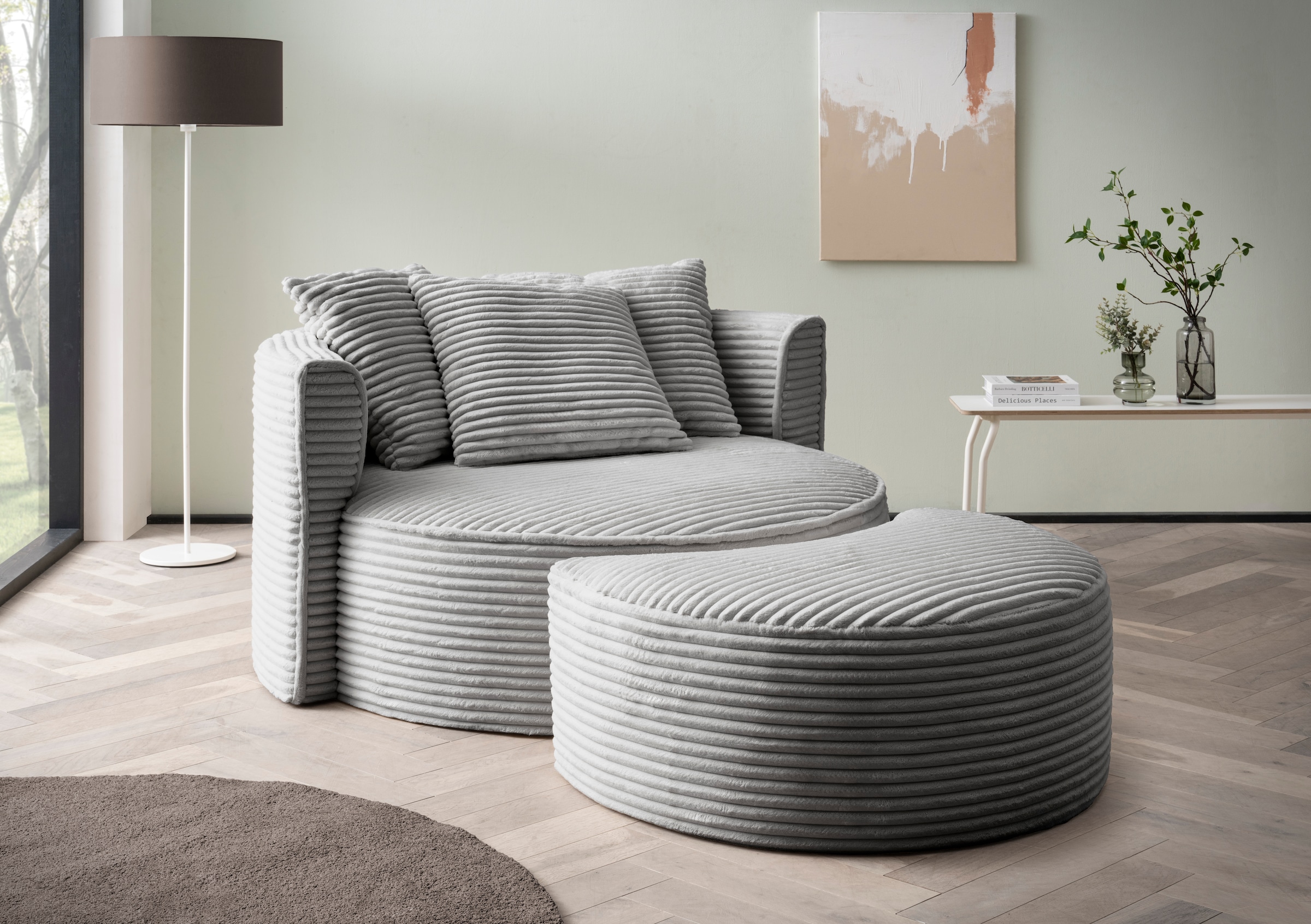 LeGer Home by Lena Gercke XXL-Sessel »ISALIE, Rundsessel mit Hocker, Lesesessel, Loveseat, Big-Sessel«, (Set), trendige Stoffe, 3 Zierkissen, große Sitzfläche, Cord, Samt, Bouclé