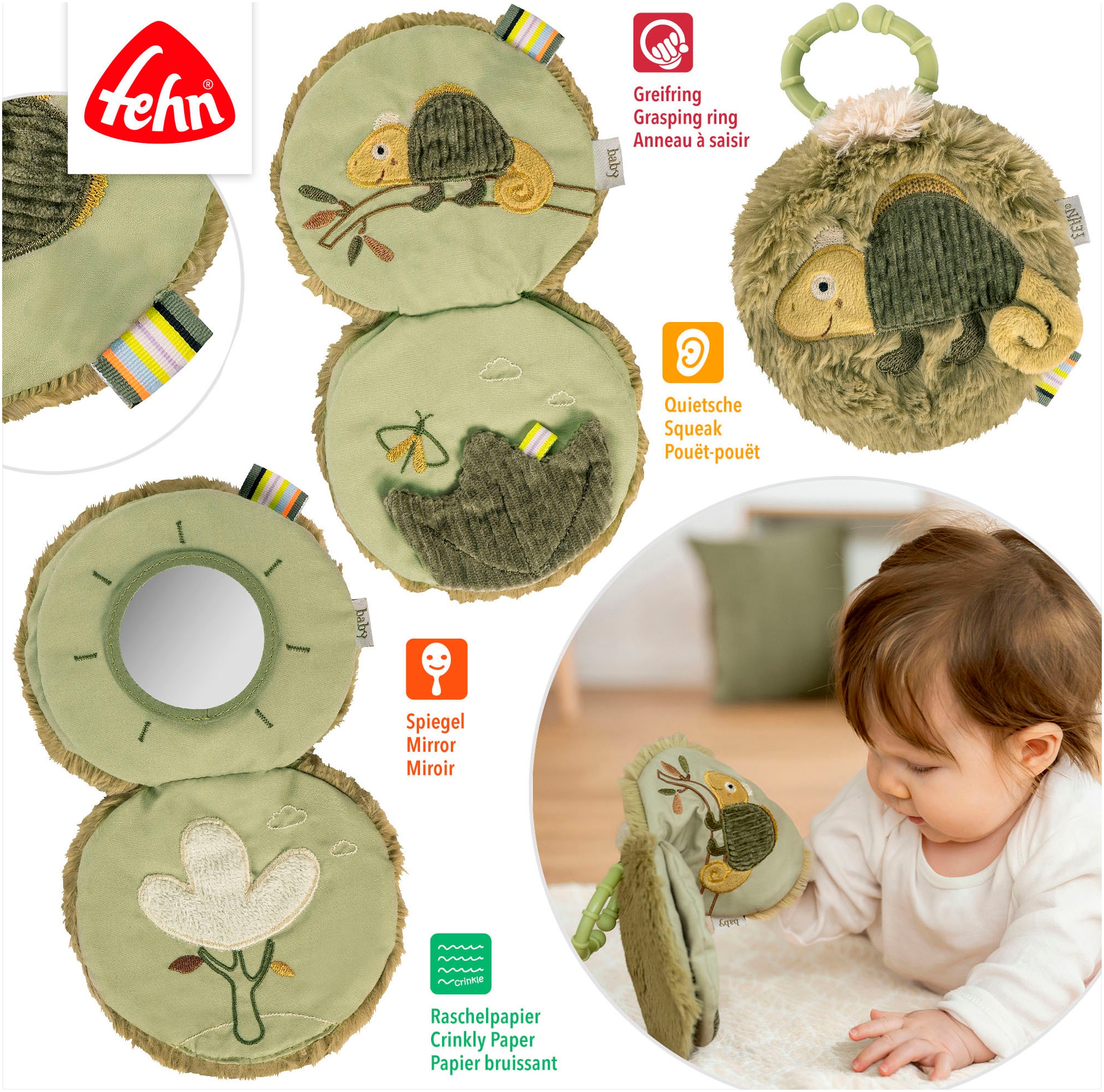 Fehn Greifspielzeug »Lazy, Crazy & Pink, Stoffbuch Chamäleon«