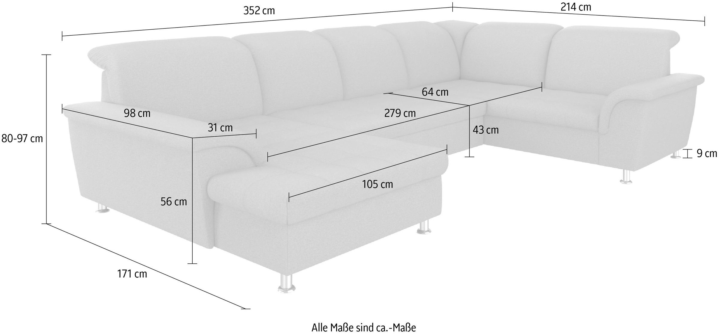 DOMO collection Wohnlandschaft »FRANZI optional mit Bettfunktion, Bettkasten & Kopfteilverstellung« U-Form, Recamiere links, beige-braun, B/T: 352/214 cm