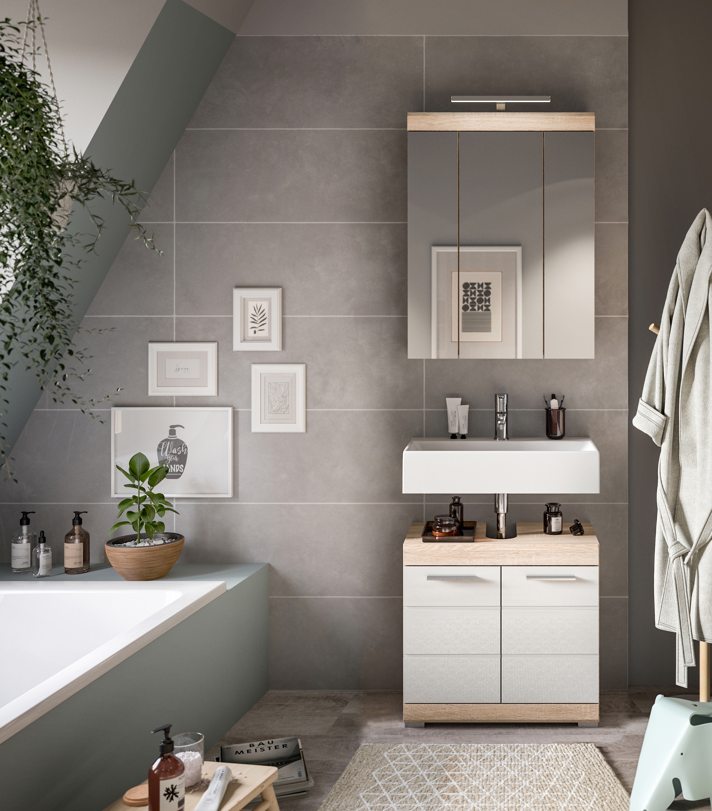 INOSIGN Badmöbel-Set »Siena, 2 teilig, inklusive LED Beleuchtung, bestehend aus:«, (Set), Waschbeckenunterschrank, Spiegelschrank, LED Badaufsatzleuchte