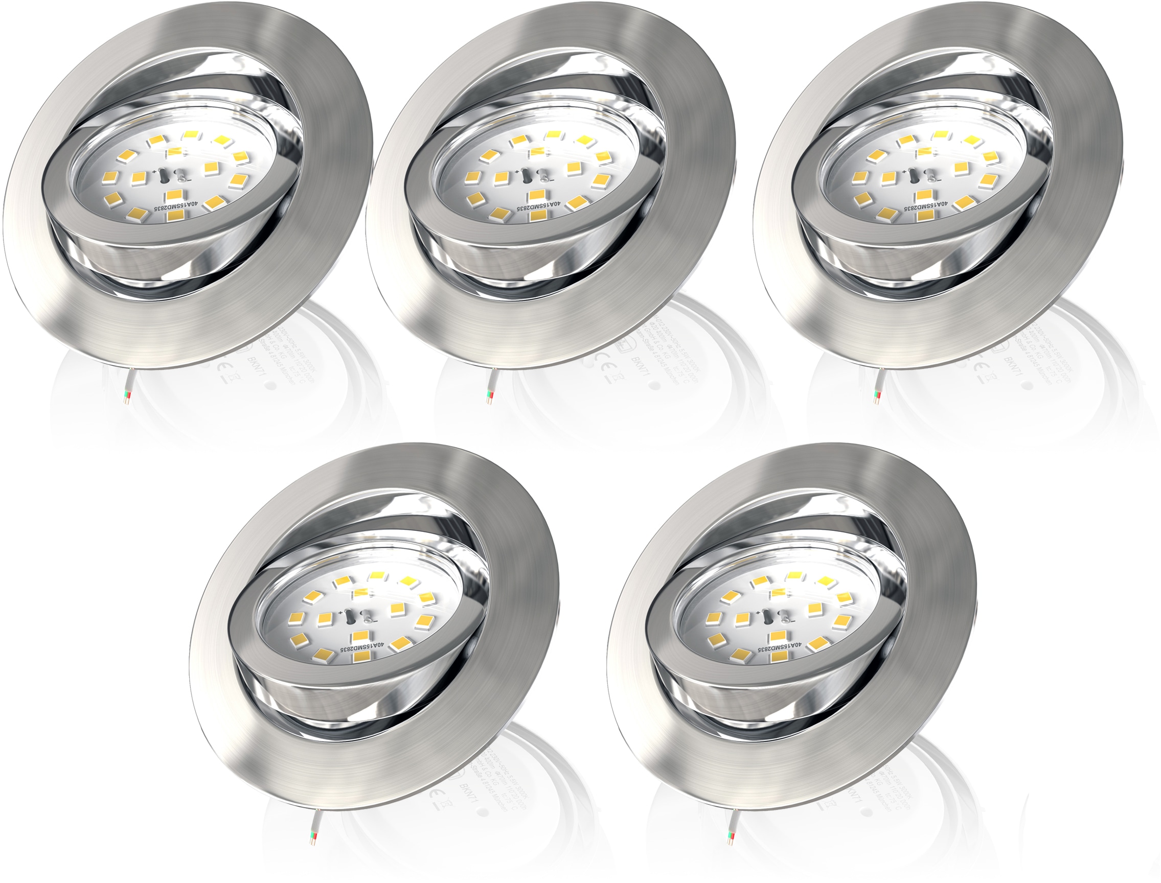 B.K.Licht LED Einbauleuchte »5er Set Einbaustrahler, Dimmbare Deckenstrahler, flache Spots«, 5 flammig, Leuchtmittel LED-Board | LED fest integriert, 3.000K, 470Lm, 5,5W, Kunststoff, 8,2 x 2,8 cm, Nickel
