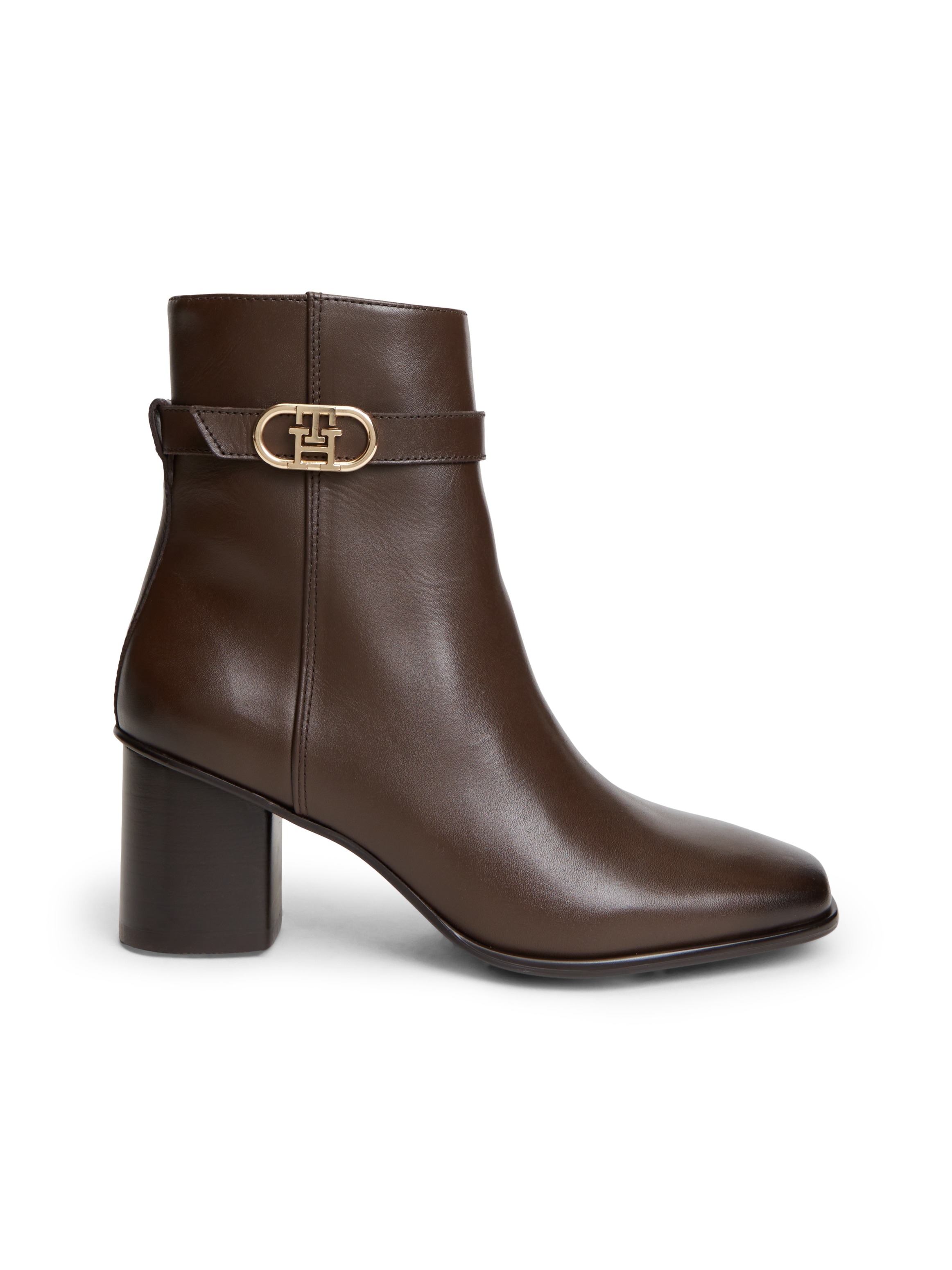 Tommy Hilfiger Stiefelette »TH STRAP LEATHER BLOCK HEEL BOOT«  Herbstschuh, Businessschuh mit goldfarbenem Schmuckelement