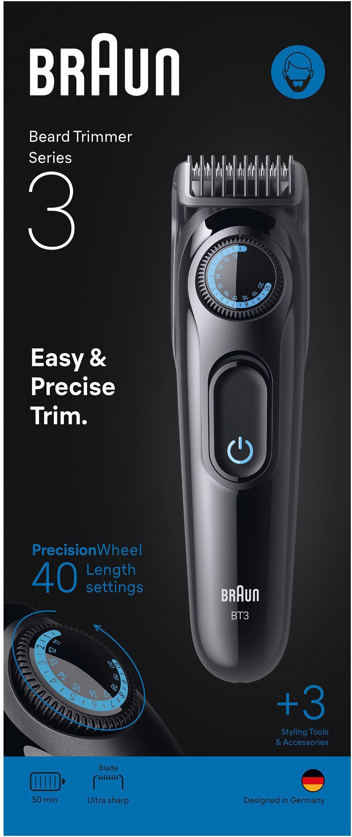 Braun Haarschneider »Barttrimmer Series 3 BT3520« ultrascharfe Klinge, 50 Min Akkulaufzeit, 40 Längeneinstellungen