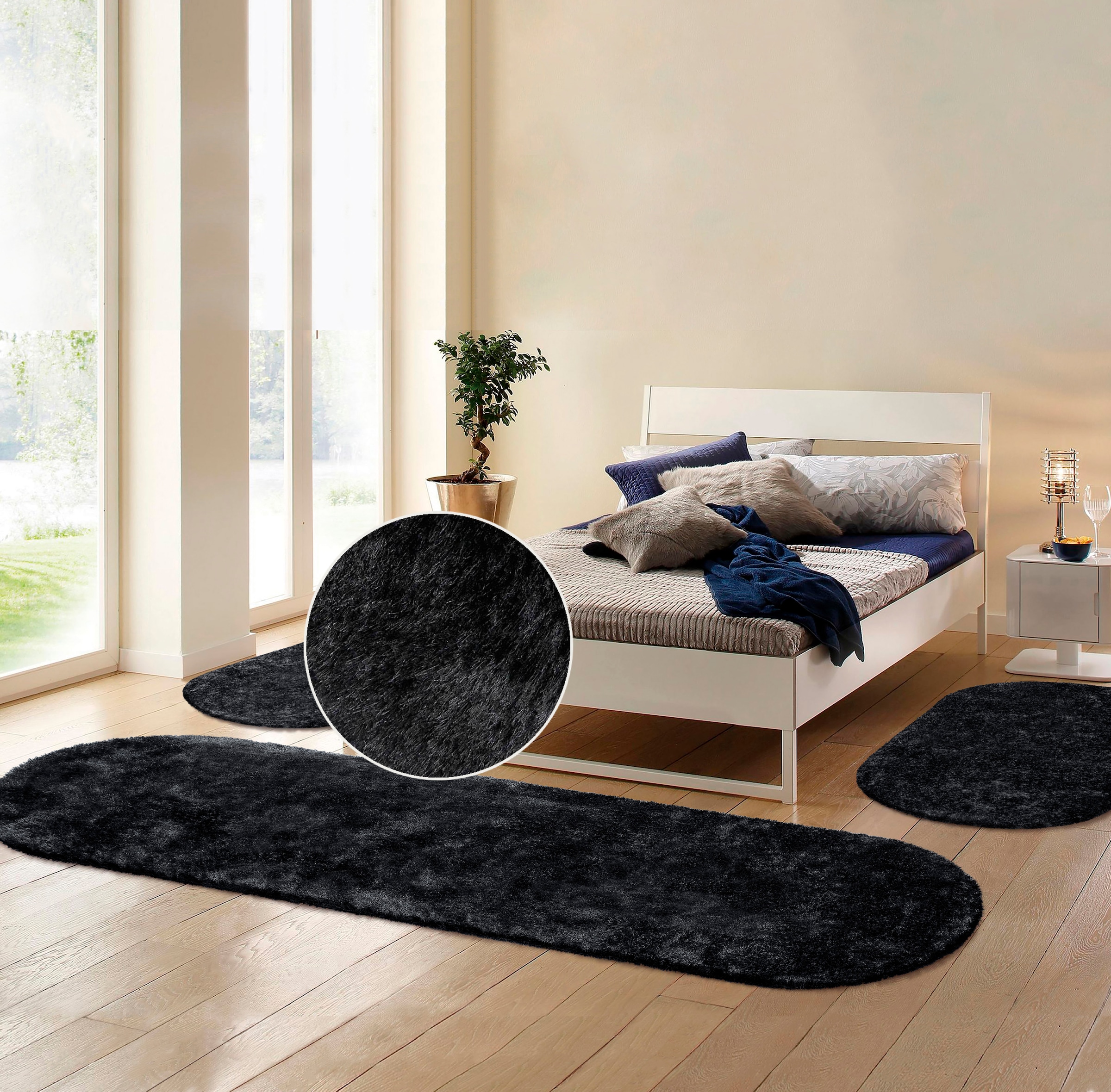 Bruno Banani Hochflor-Bettumrandung »Dana Teppich, Kundenliebling«, (3 tlg.), unifarben, Mikrofaser, pflegeleicht, Bettvorleger, Schlafzimmer