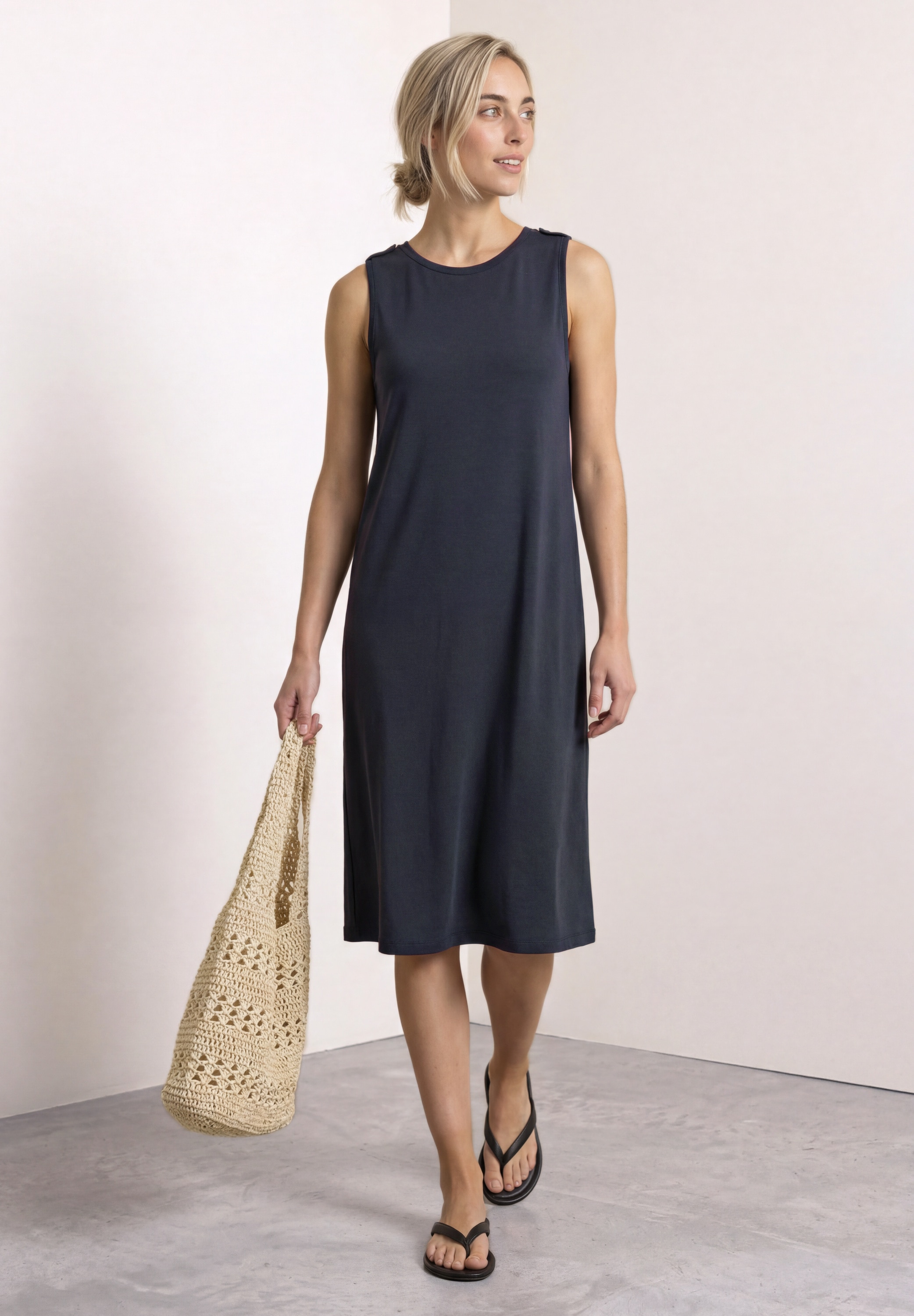 STREET ONE Jerseykleid Ohne Taschen Ärmelloses Sommerkleid mit Rundhals und Knopfdetail