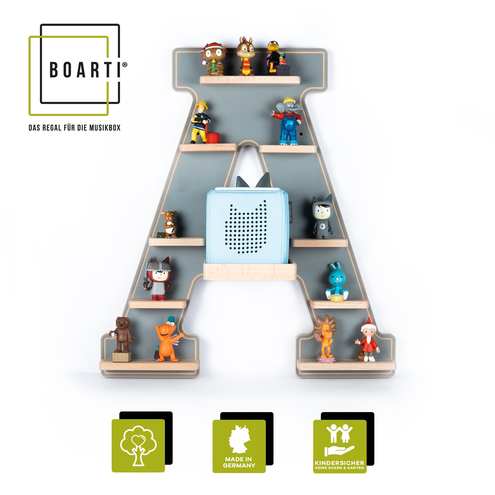 Boarti Wandregal »Holz Regal Buchstabe A für Toniebox Tonies Figuren«