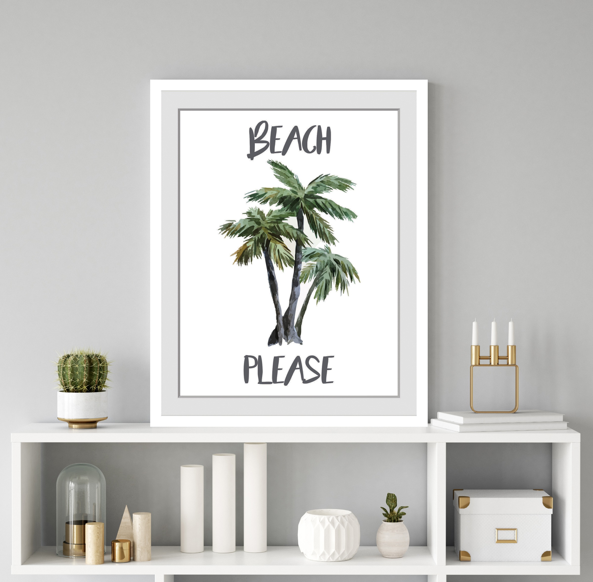 queence Bild »BEACH PLEASE«, Palmen-Humor-Schriftzug-Sprüche & Texte, HD Premium Poster-Druck inkl. Holzrahmen