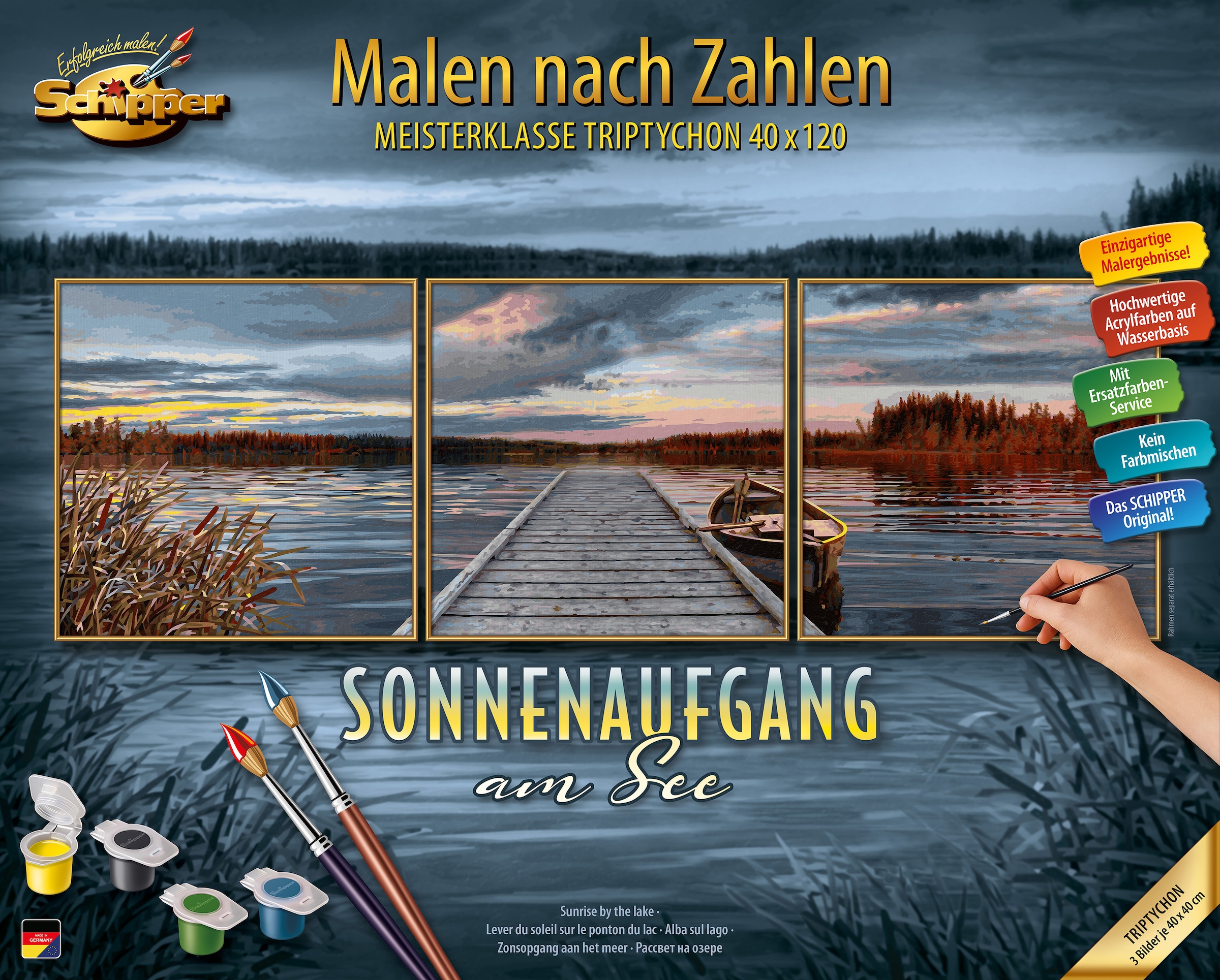 Malen nach Zahlen »Meisterklasse Triptychon - Sonnenaufgang am See«, Made in Germany
