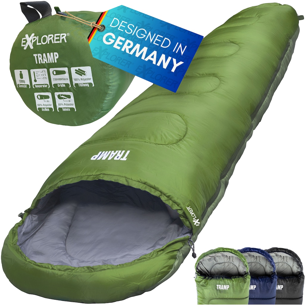 EXPLORER Mumienschlafsack »TRAMP Camping Schlafsack 230x80x55cm Outdoor«, (+9°C bis -9°C warm Frühling/Sommer/Herbst Reise Festival), kombinierbar leicht 1300g