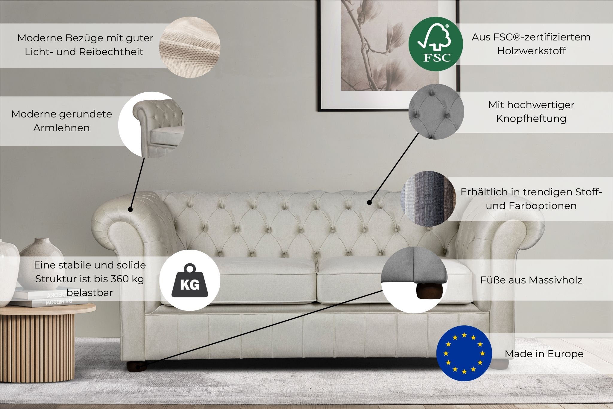 Home affaire 3-Sitzer »CHARENTE, optionale Schlafsofa, Chesterfield-Sofa, Bettfunktion« mit edler Knopfheftung und typischen Armlehnen, B/T/H 198/89/74 cm
