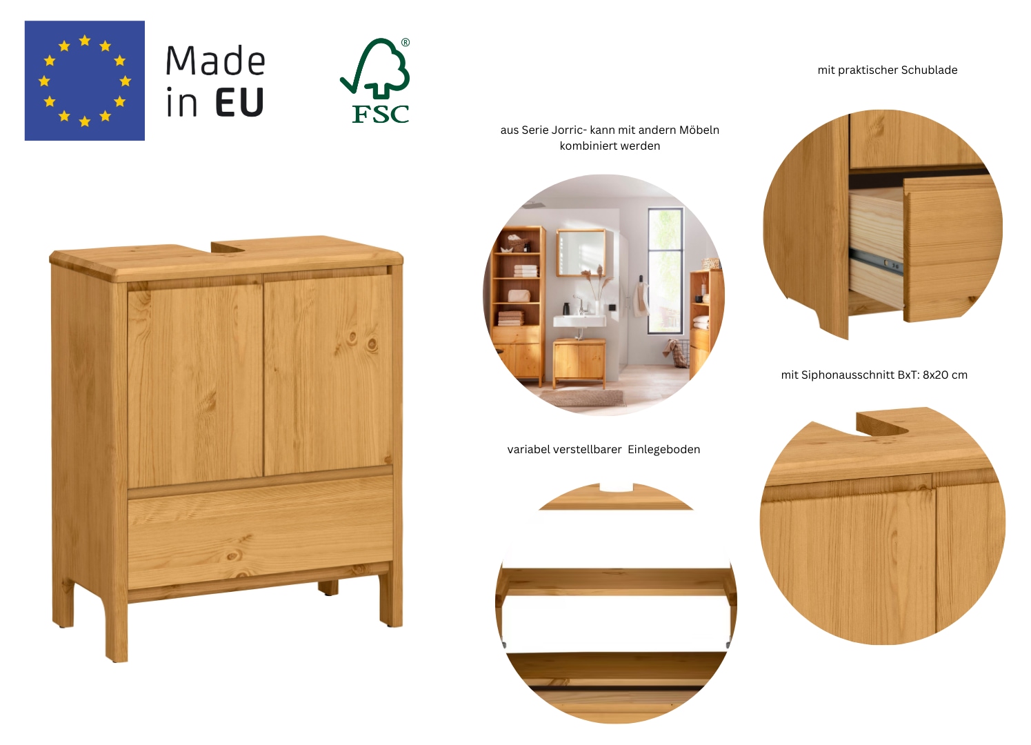 OTTO products Waschbeckenunterschrank »Jorrick«, Breite 60 cm, Kiefer mit Bio Öl/Wachs behandelt, Siphonausschnitt
