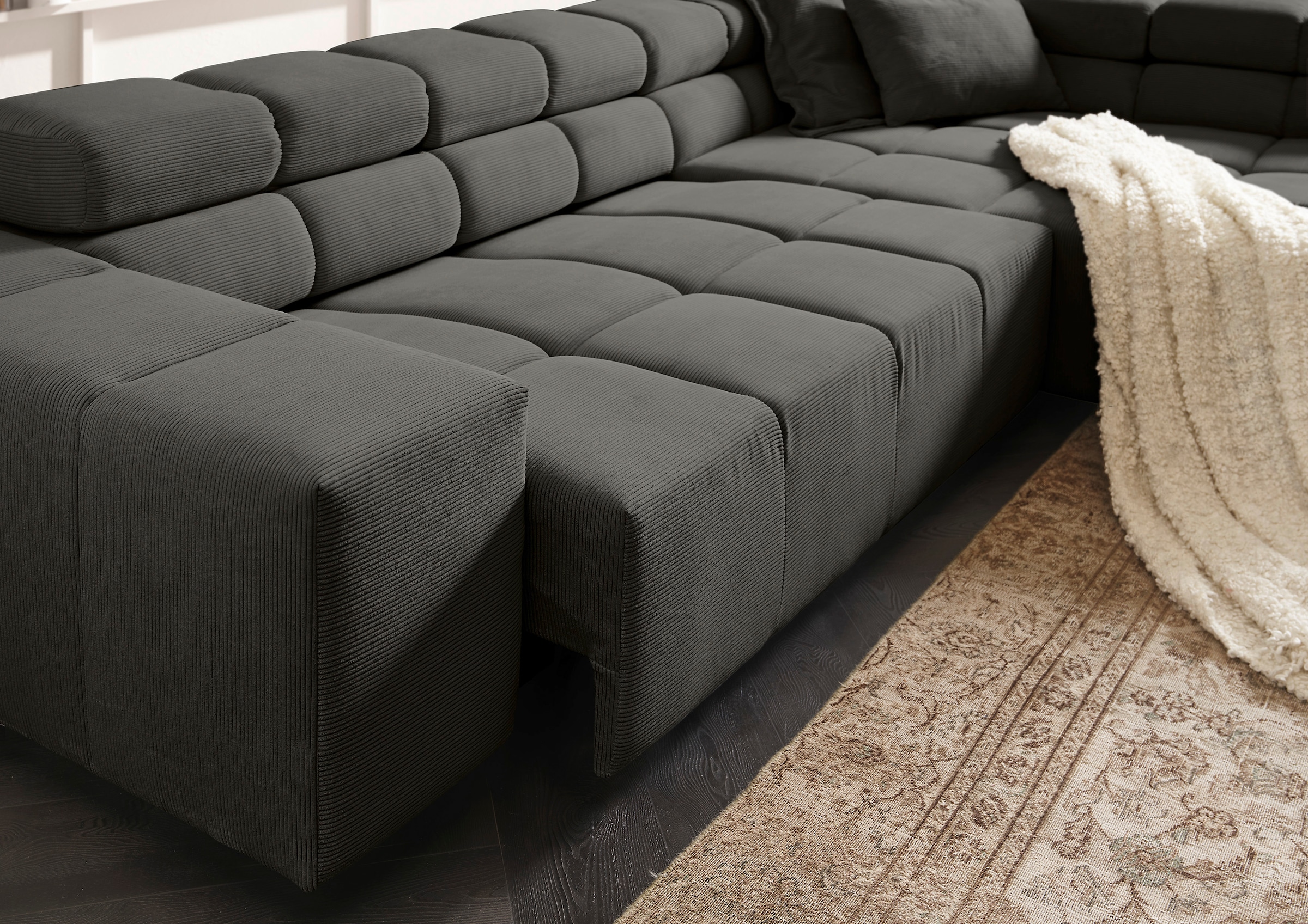 INOSIGN Ecksofa »Ancona incl. Kopfteilverstellung, Zierkissen Breite 319cm, L-Form«, wahlweise motorische Sitztiefenverstellung, auch in Cord + Easy Care