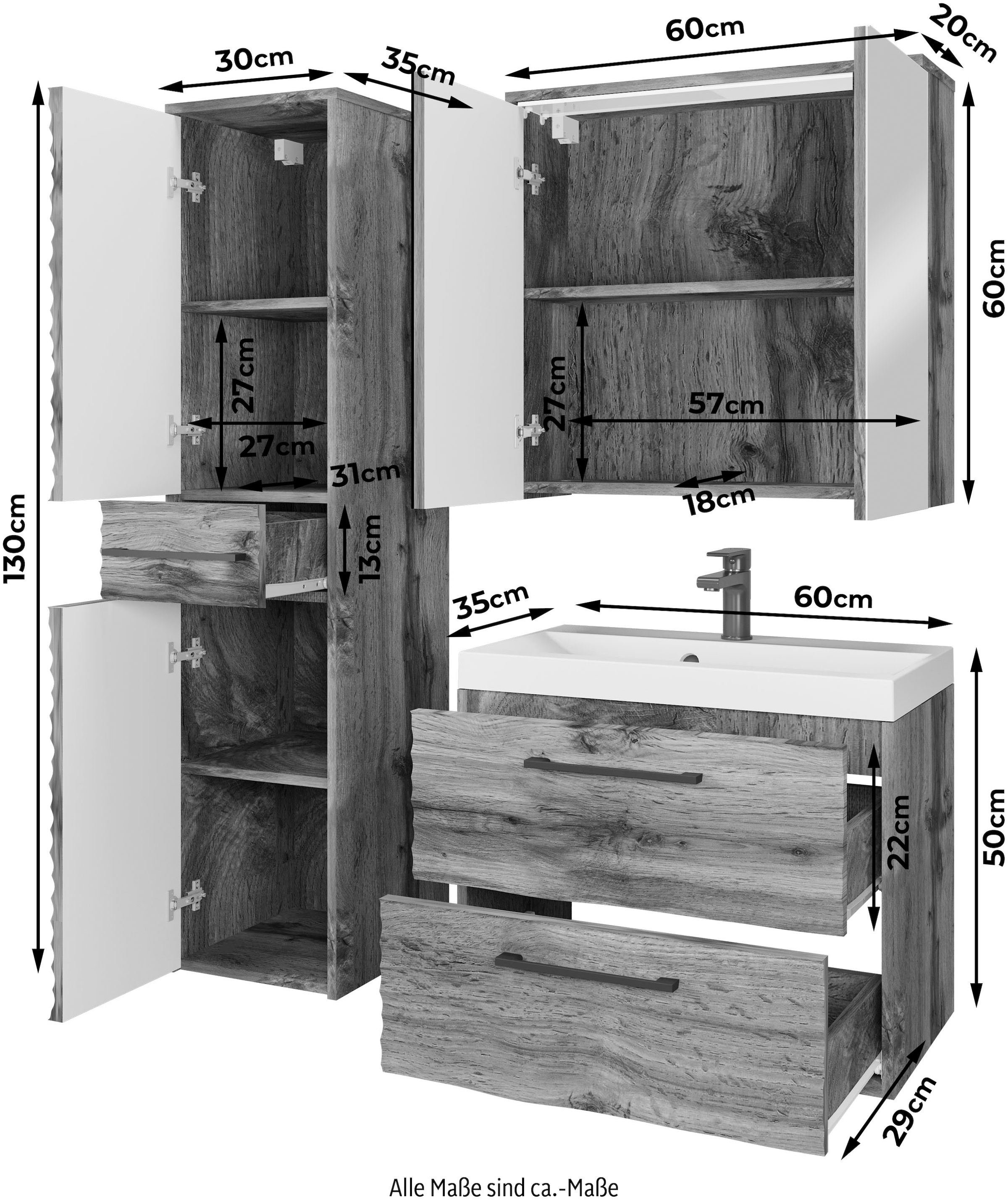 welltime Badmöbel-Set »Canada«, (Komplett-Set, 3 St., Fronten mit Wellenstruktur), Badmöbel mit Soft-Close, Spiegelschrank, Waschtisch mit Becken