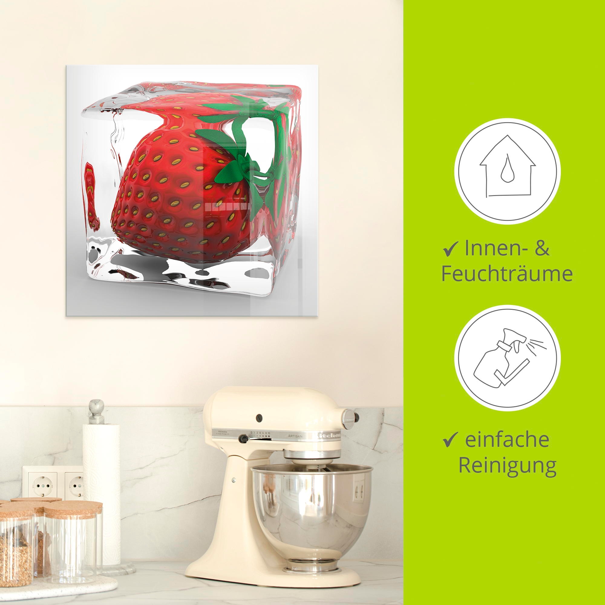 Artland Glasbild »Erdbeere in Eis« Lebensmittel 1 Stk. tlg. in verschiedenen Größen