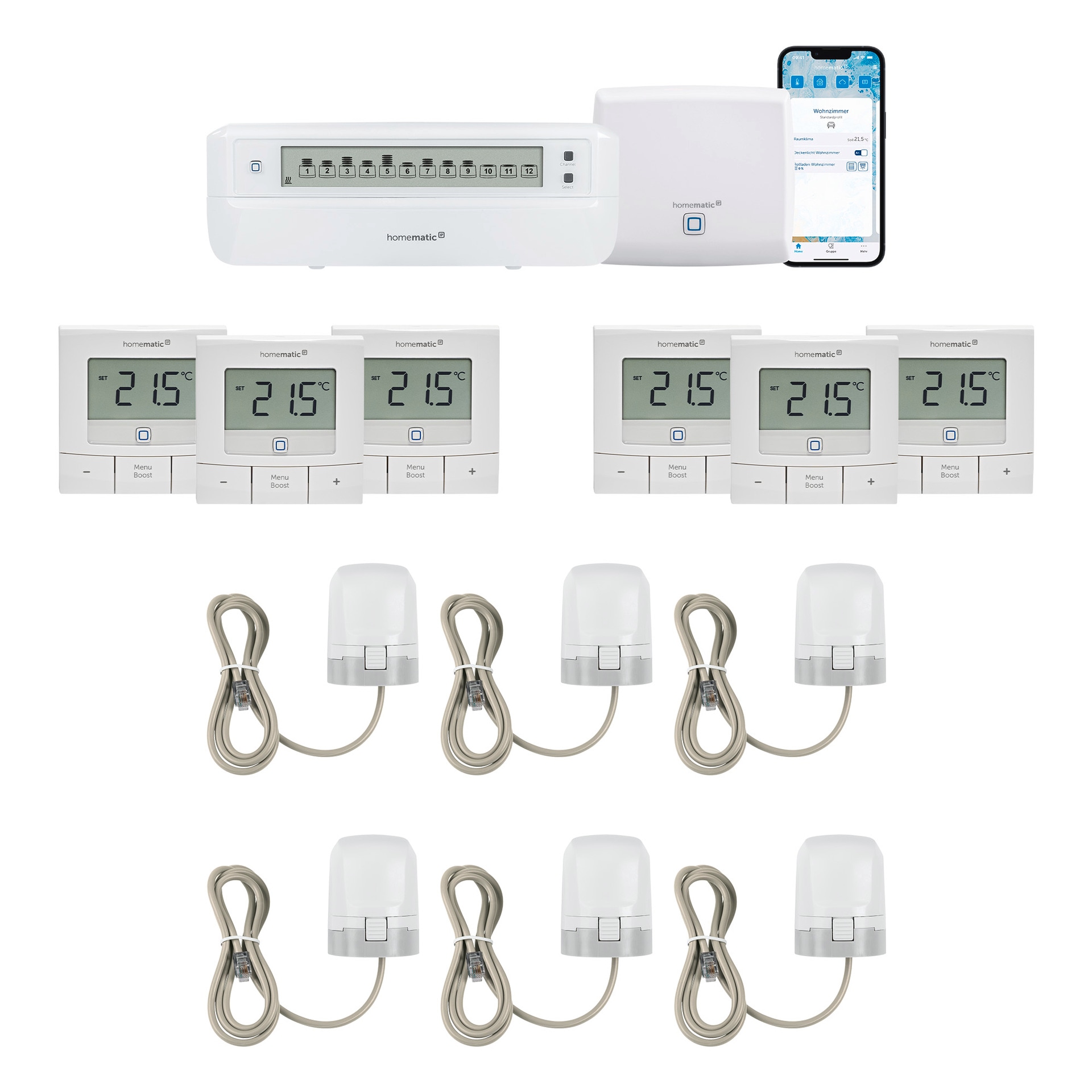 Homematic Ip Smart-Home-Zubehör »Bundle aus AP, 1x Fussbodenaktor, 6x Stellantrieb, 6x Wandthermostat« in weiß