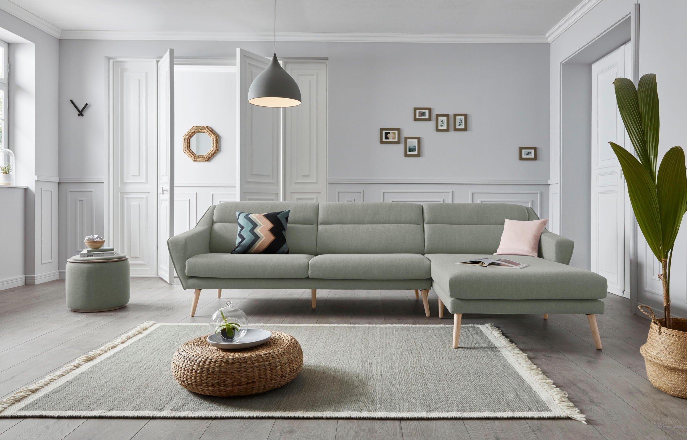 OTTO home Ecksofa »Bille L-Form« mit Naht im Rückenkissen und Beinen aus Eichenholz