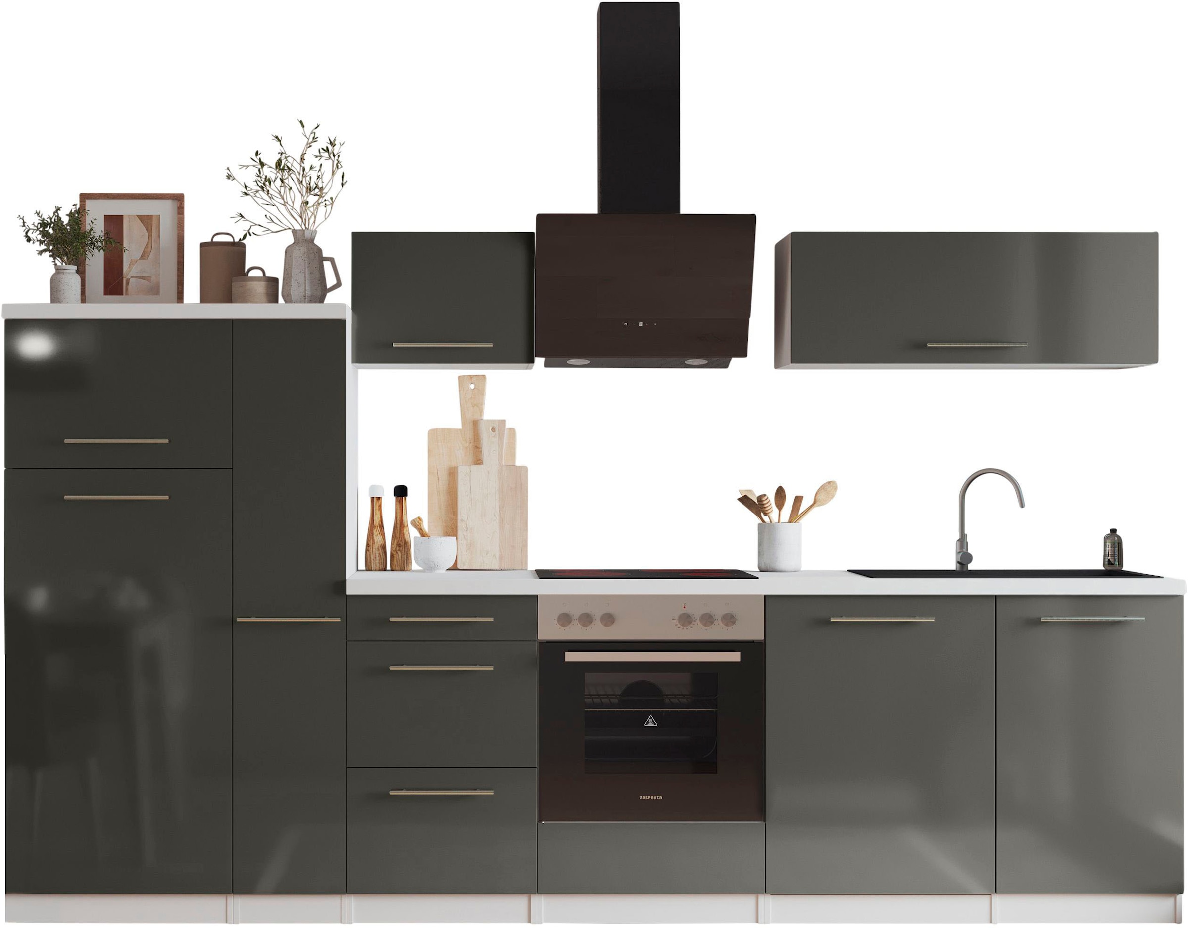 RESPEKTA Küche »Amanda« Breite 310 cm, mit Soft-Close, inklusive Elektrogeräte: Geschirrspüler, Kühl-/Gefrierkombination und Herd-Set, Dunstabzugshaube, 