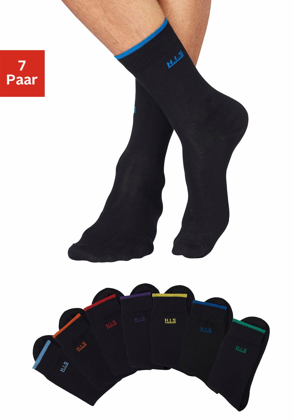 H.I.S Socken, (Packung, 7 Paar), mit farbigen Bündchen