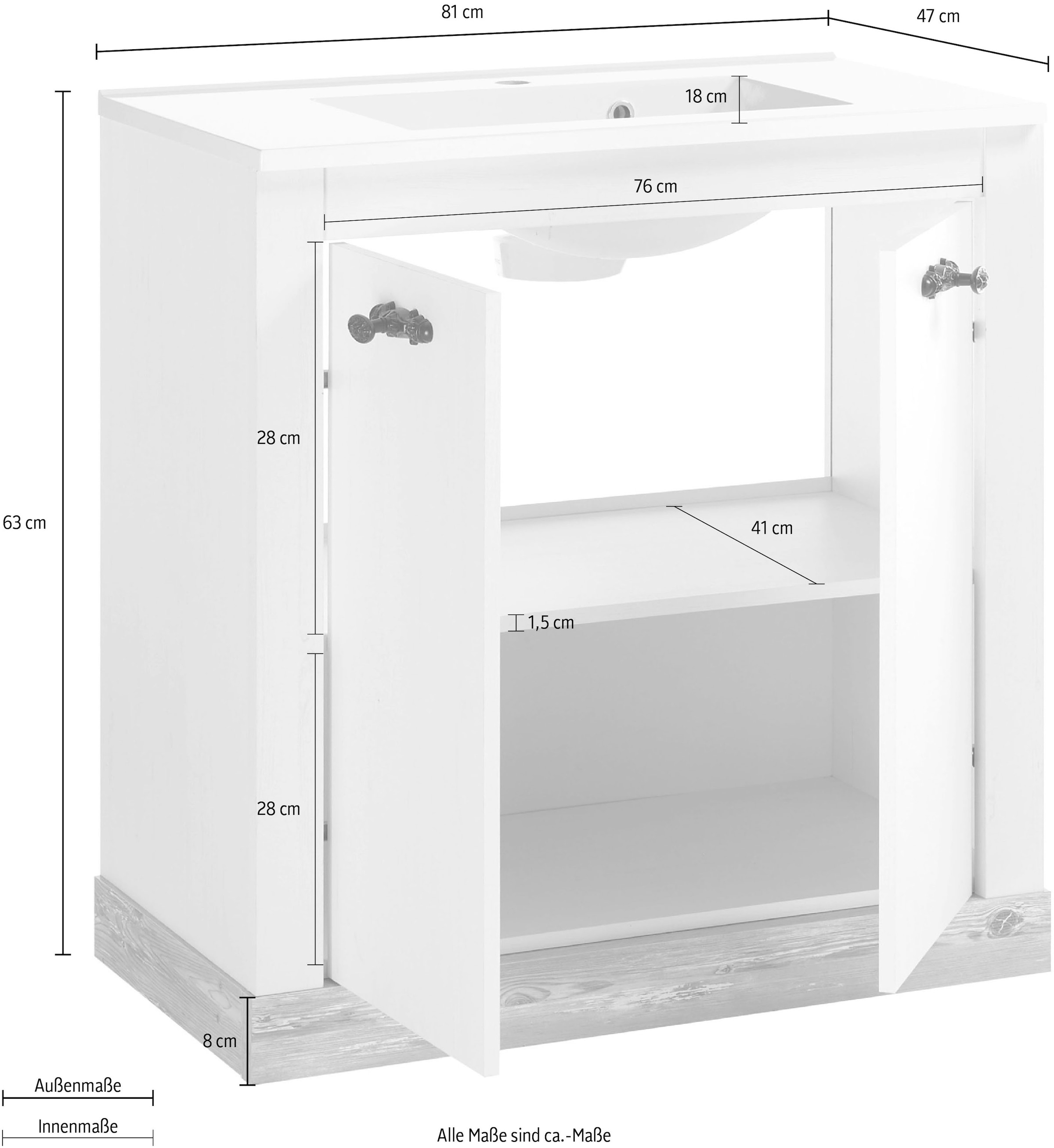 Home affaire Waschtisch »Florenz, Waschbeckenunterschrank inkl. Waschbecken, Metallgriffe«, in Pinie Weiß, stehend, Breite 82 cm, inkl. Mineralgussbecken