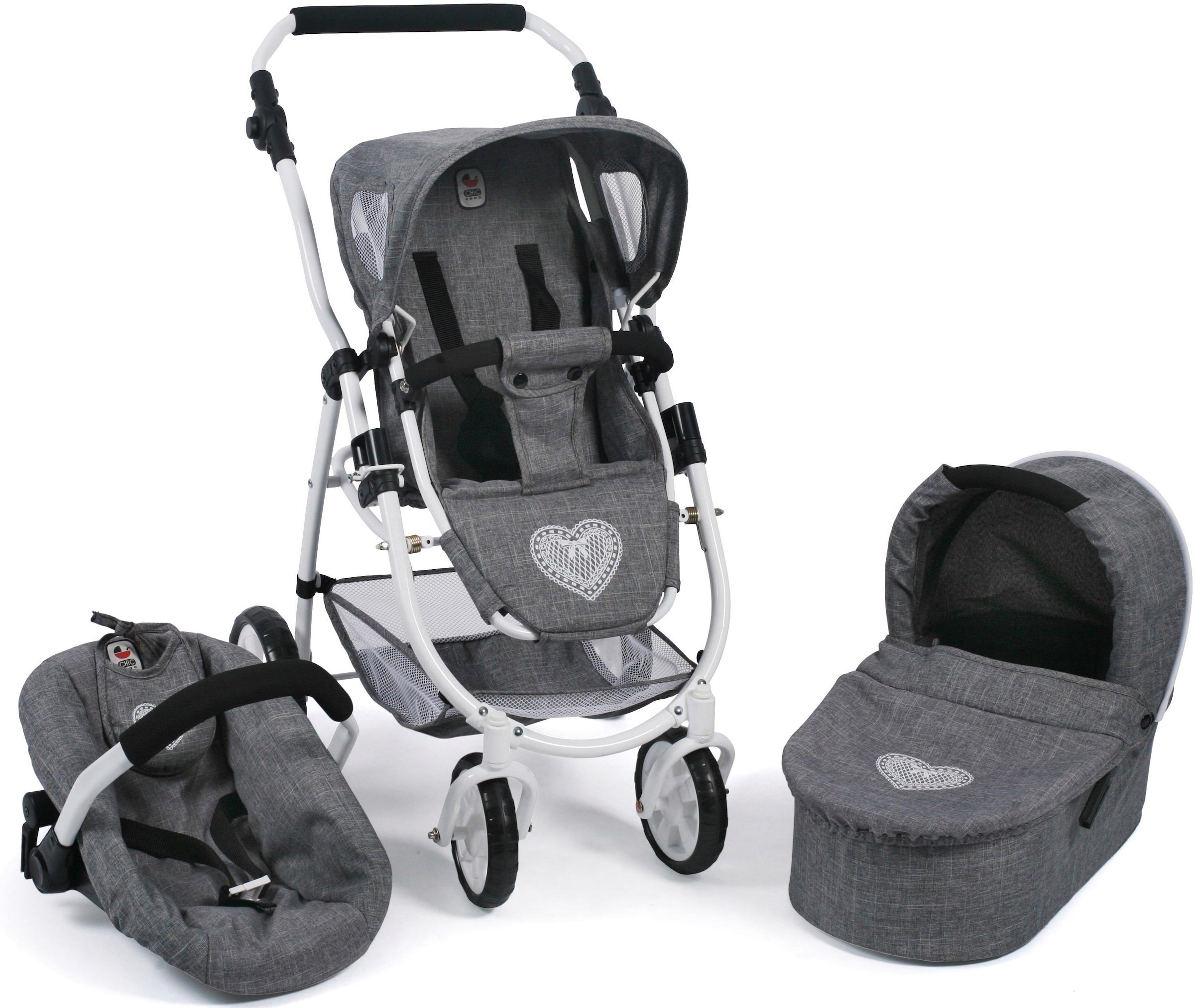 CHIC2000 Kombi-Puppenwagen »Emotion All In 3in1, Jeans Grey«, inkl. Babywanne, Babyschale und Sportwagenaufsatz