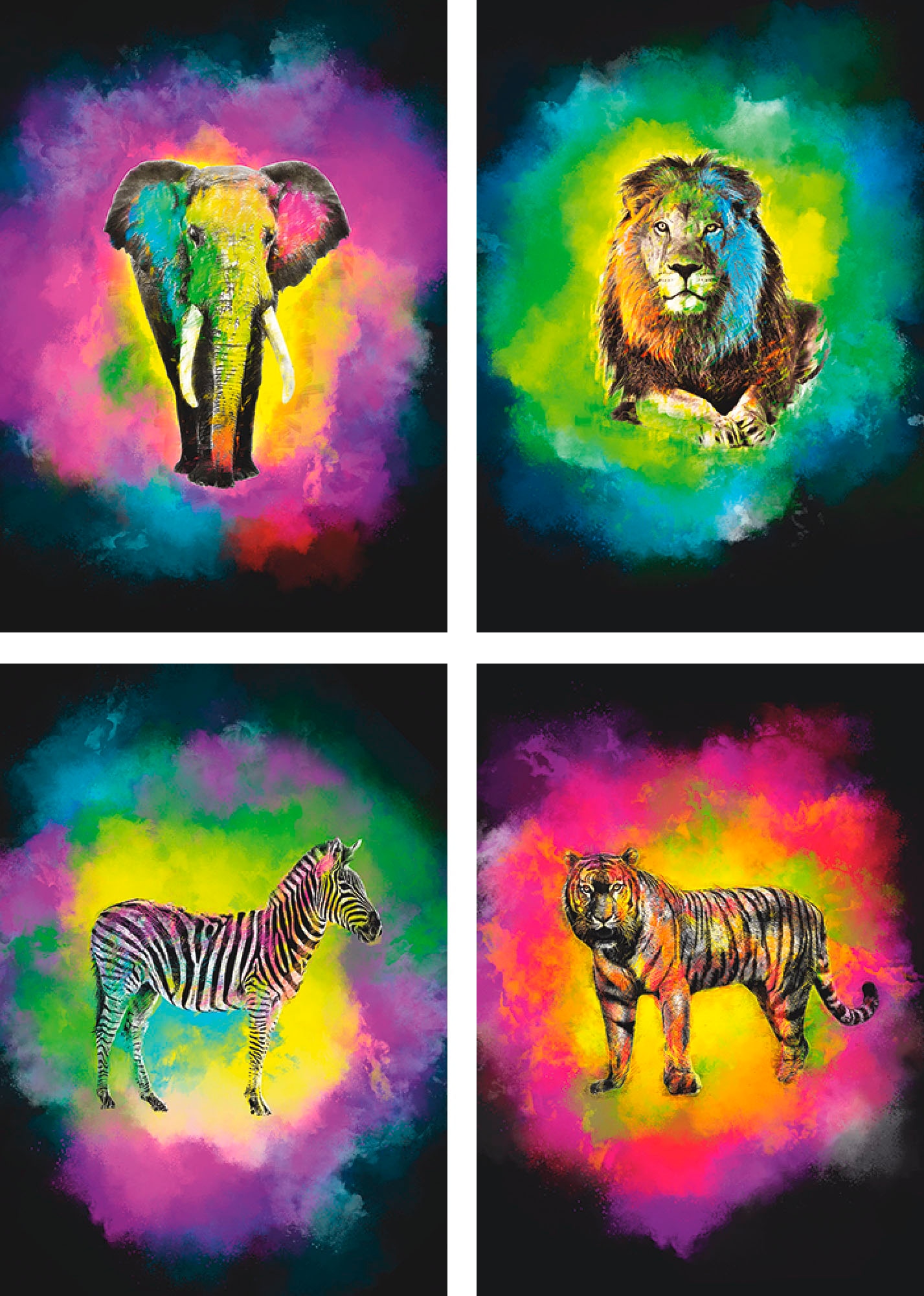 Poster »Farbexplosion Elefant Löwe Zebra Tiger«, Wildtiere, (4 St.), Poster, Wandbild,...