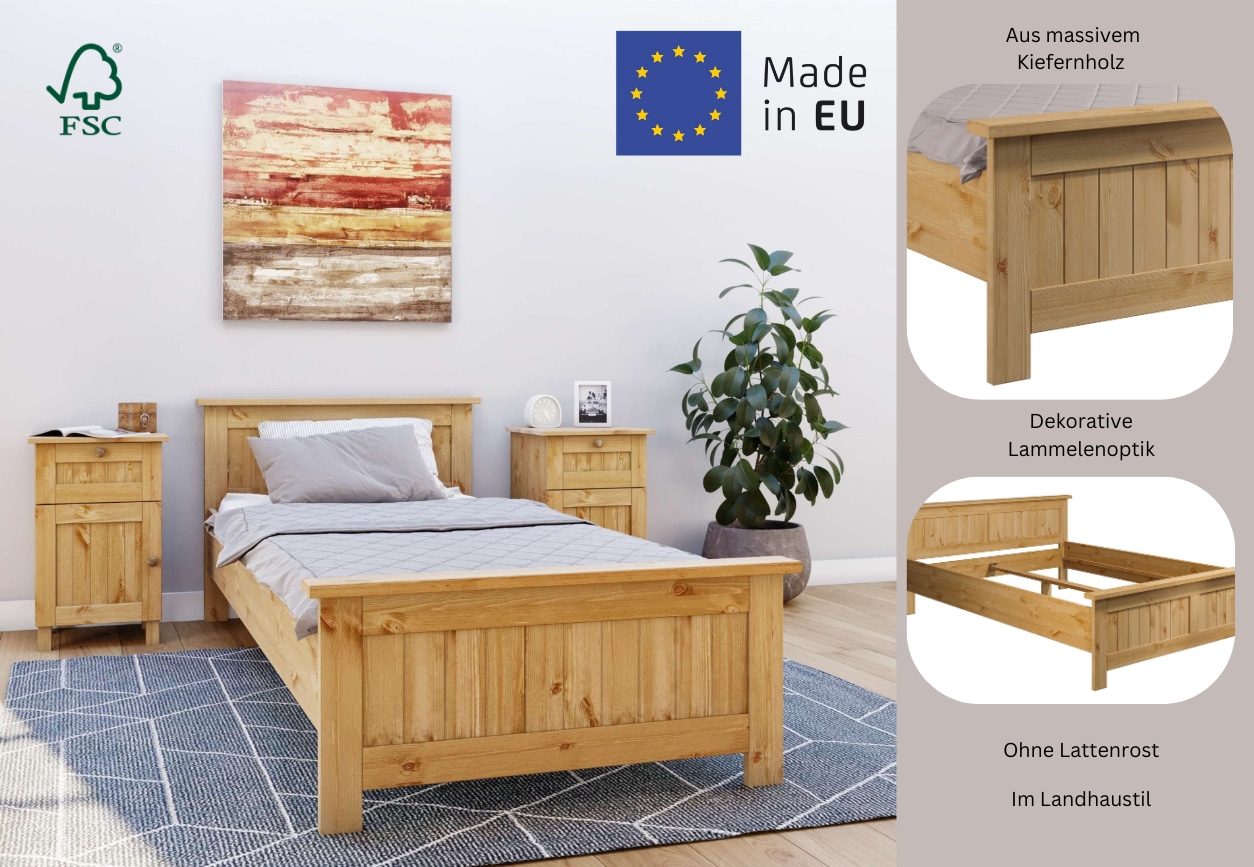 Home affaire Massivholzbett »Juventus, Bett, Massivholzbett, Holzbett, Bettrahmen«, (Breite/Belastbarkeit 140cm/180 KG), Breite 90 cm, aus massiver Kiefer, FSC®-zertifiziert