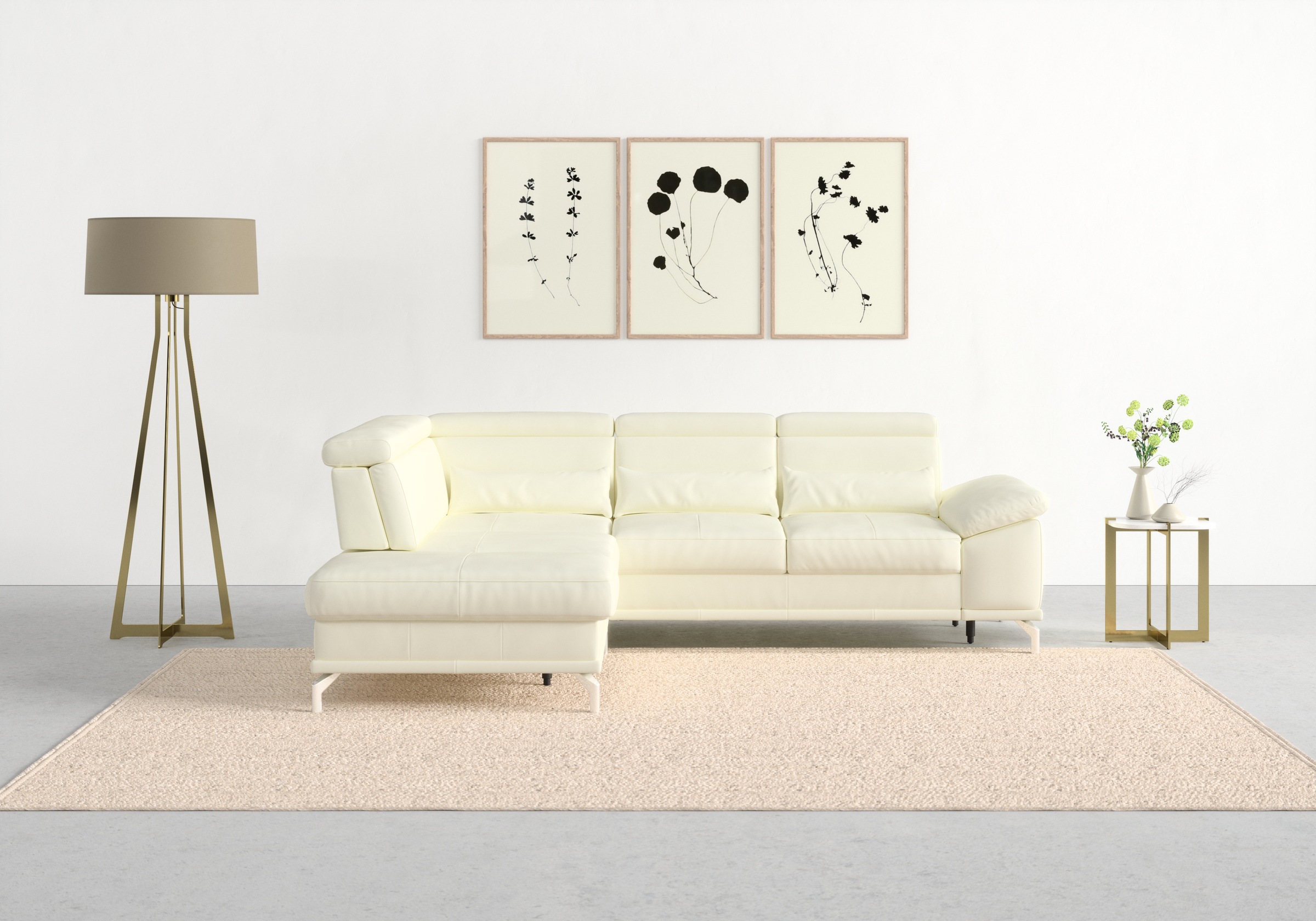 sit&more Ecksofa »Cabrio L-Form, B: 274 cm, mit Sitztiefen-, Arm- & Kopfteilverstellung«, 3 Nierenkissen, Federkern, optional Bettfunktion und Stauraum