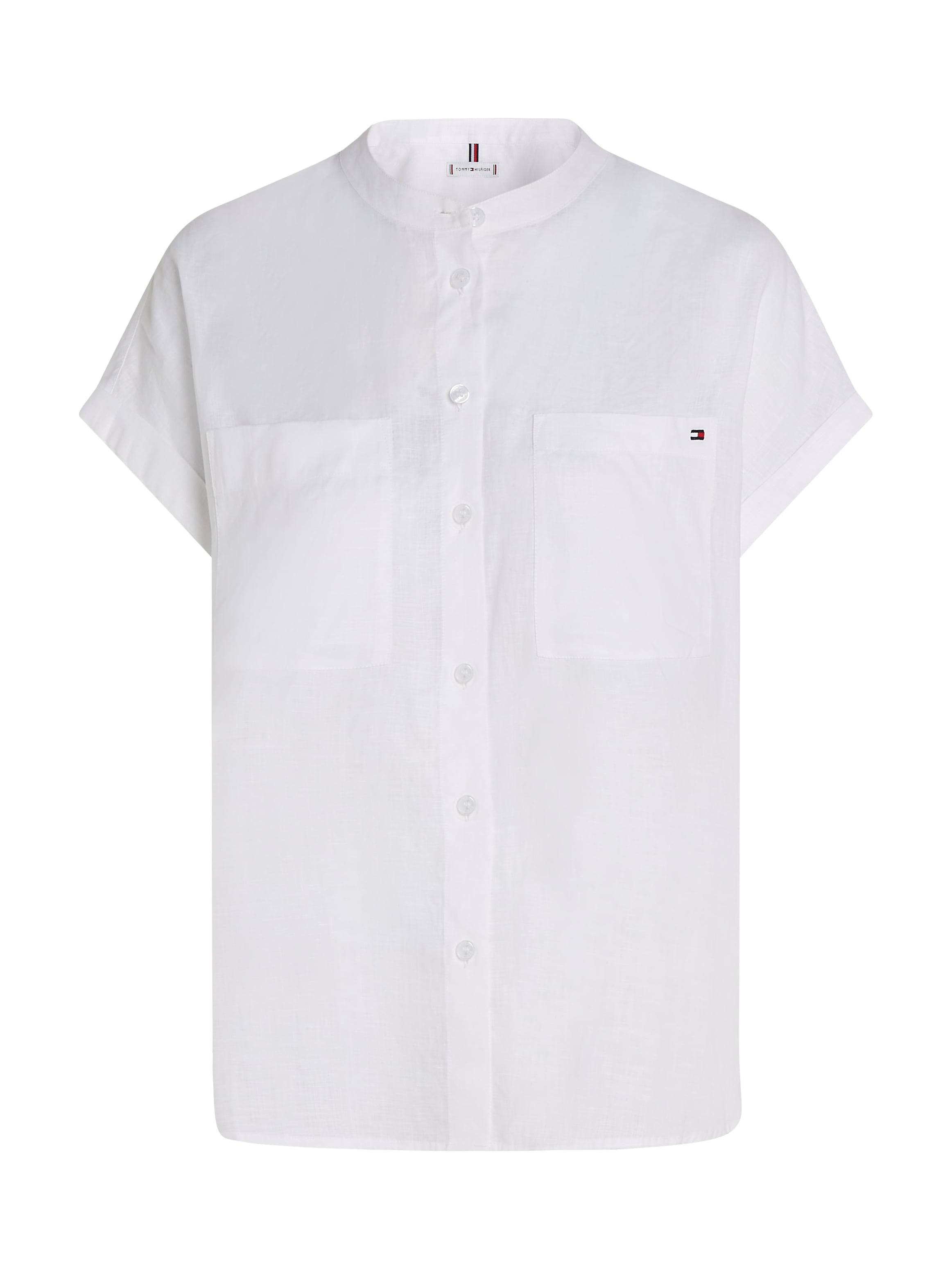 Tommy Hilfiger Kurzarmbluse »ESS LINEN COLLARLESS S/S BLOUSE«, mit Logostickerei,kühlendes Premium Leinen