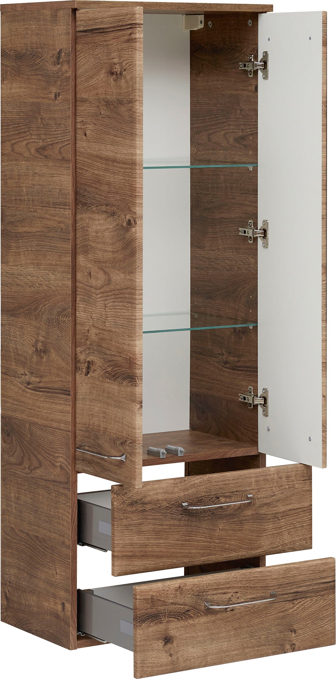 Saphir Midischrank »Quickset Badschrank 50 cm breit, 2 Türen, 2 Schubladen, 2 Einlegeböden«, Badezimmer-Midischrank inkl. Türdämpfer, Griffe in Chrom glänzend