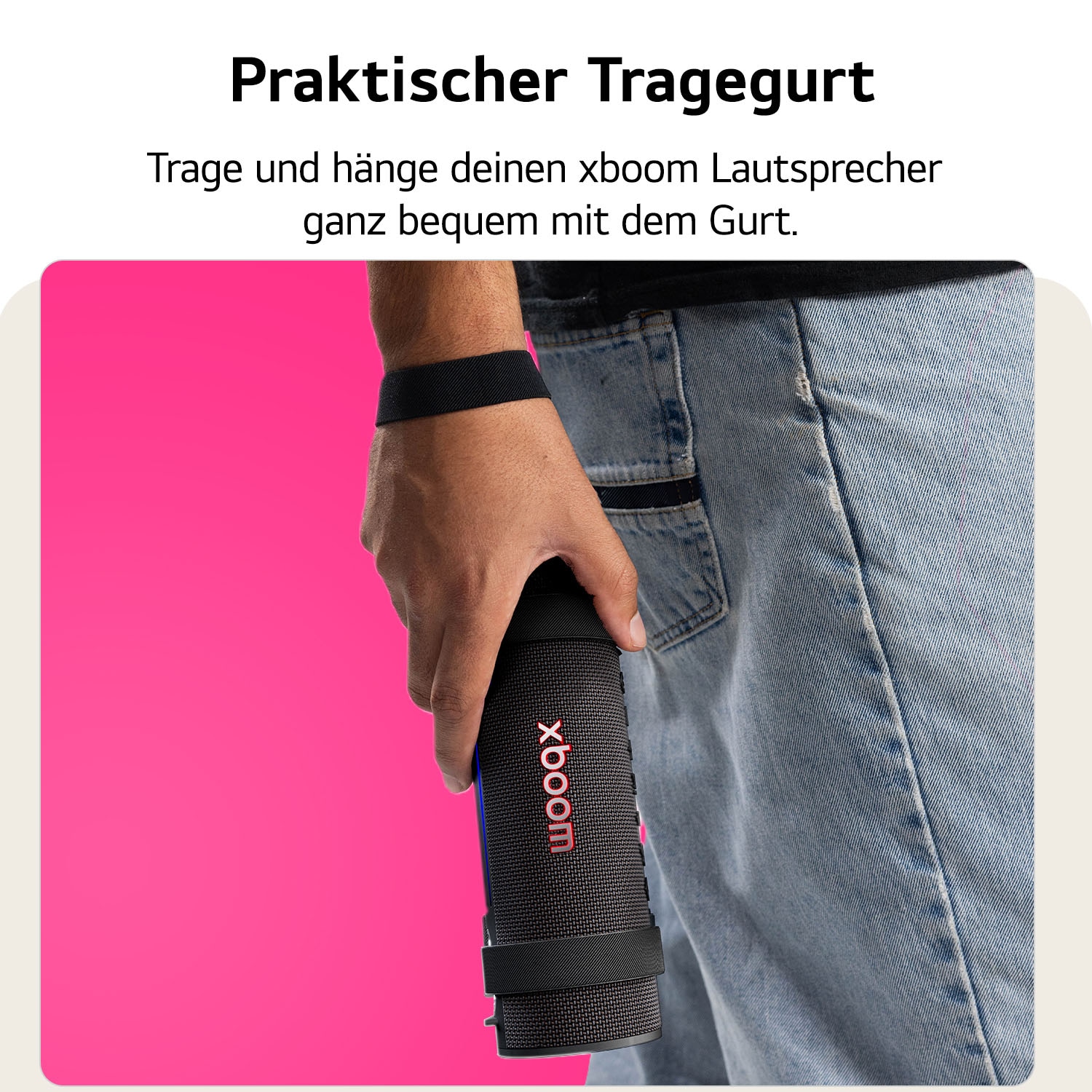LG Bluetooth-Speaker »xboom GRAB« 1.1 (Bluetooth Apple Siri | Beleuchtungseffekte | EQ Modi | Extra Bass | Google Assistant | Lautstärkeanpassung | Multipoint Anbindung | Wireless Party Connect 30 W)