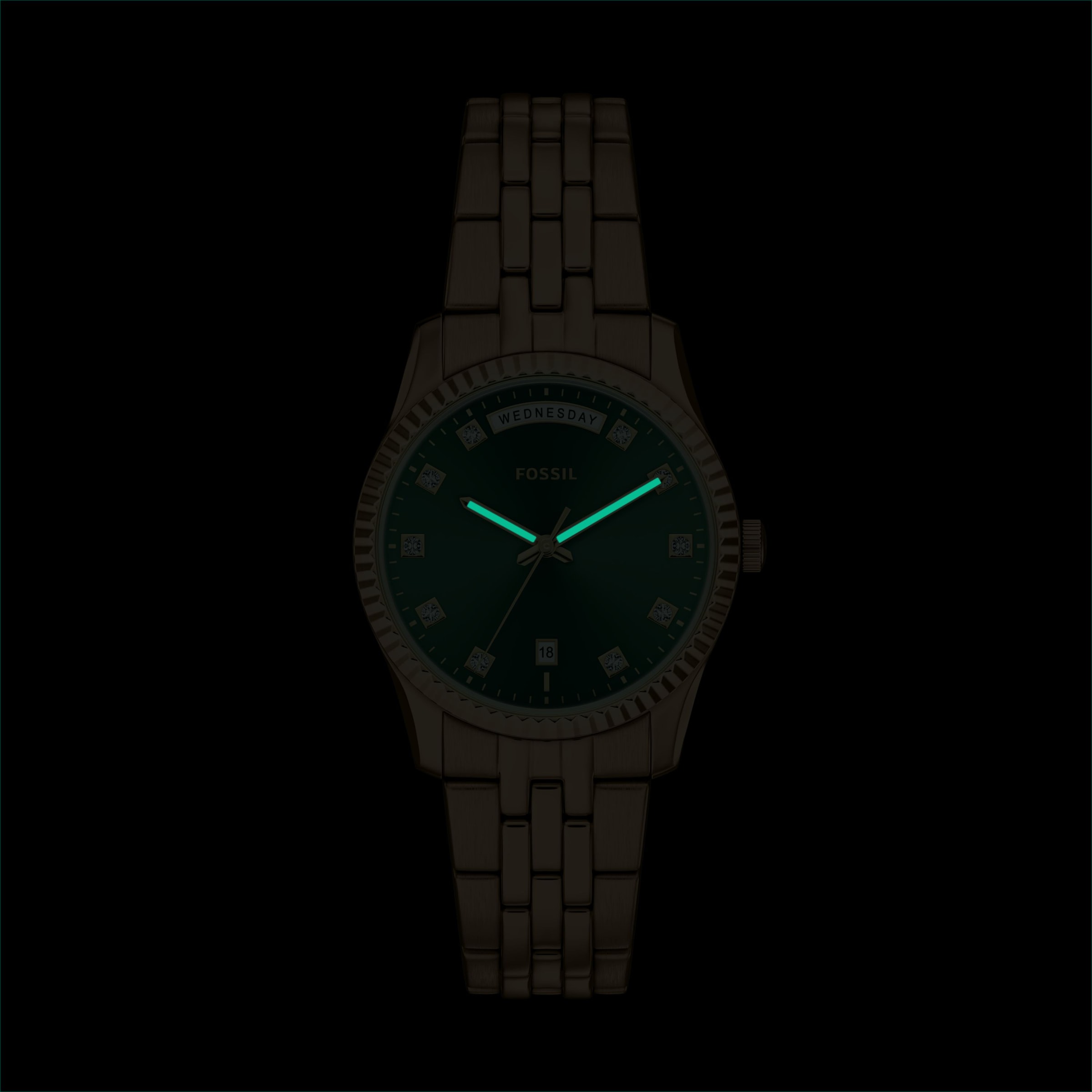 Fossil Quarzuhr »Scarlette« Armbanduhr, Damenuhr, Edelstahlarmband, analog, Tag, Wochentag