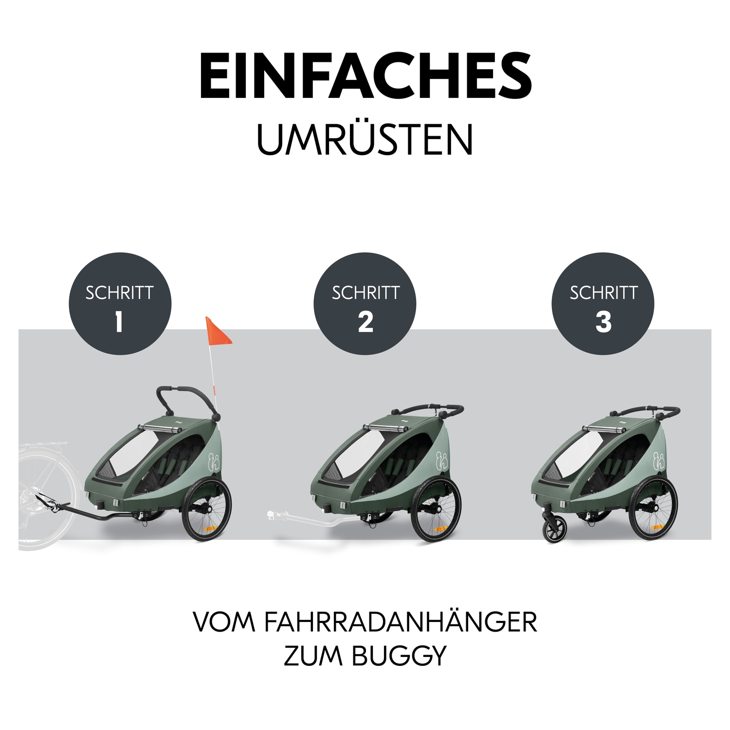 Hauck Fahrradkinderanhänger »2in1 Bike Trailer und Buggy Dryk Duo Plus, dark green«, für 2 Kinder; inklusive Deichsel