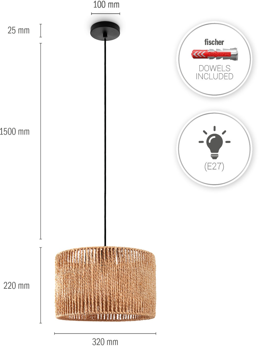 Paco Home Pendelleuchte »Hugo Buena«, Leuchtmittel E27 | ohne Leuchtmittel, Wohnzimmer Esszimmer Rattan Optik Boho Lampenschirm Papier