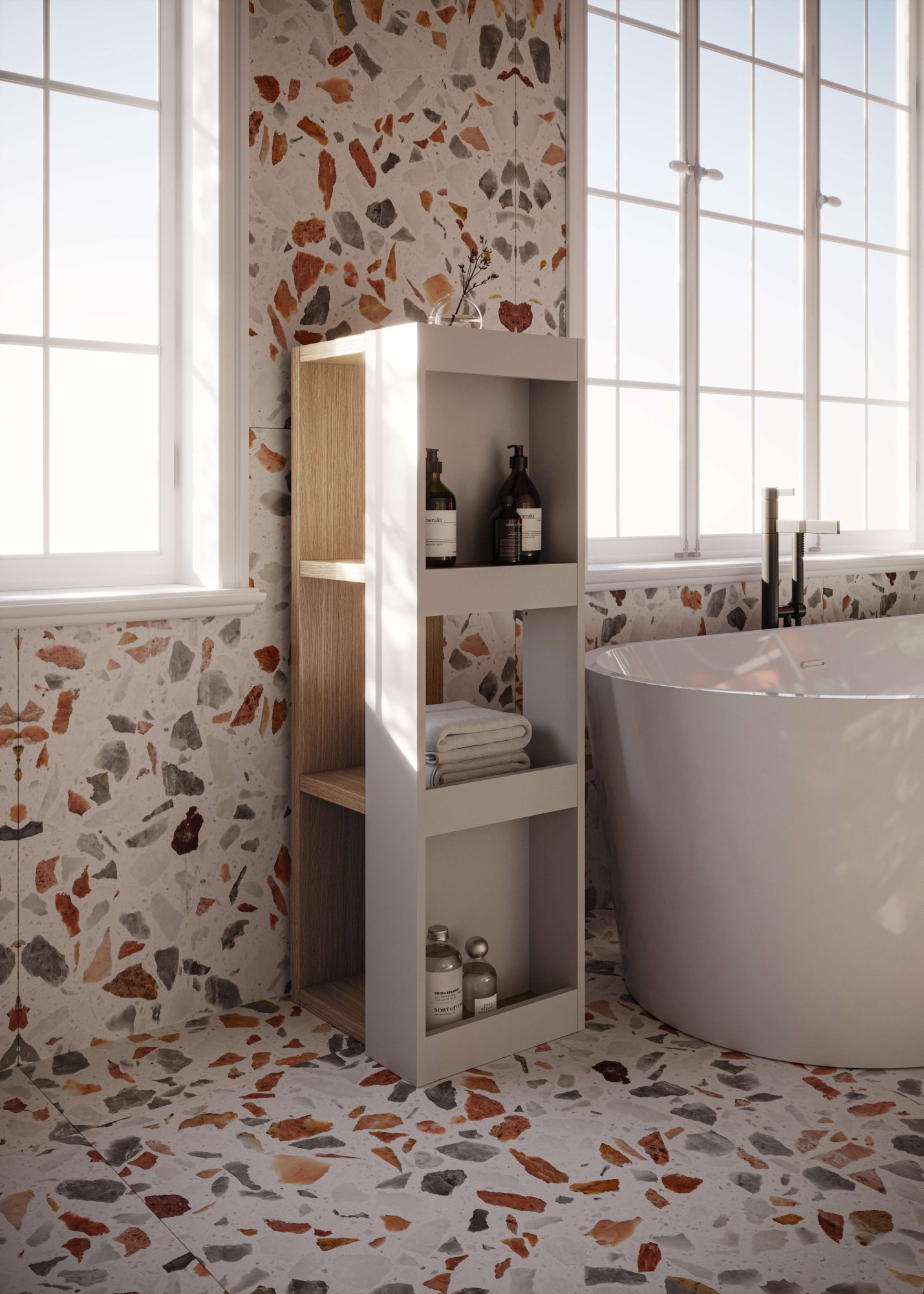 TemaHome Bücherregal »Ella vielseitiges Regal, Eiche Furnier, Aufbewahrung,«, Seitliche Fächer, offene Front, moderner Farbmix, Höhe 114 oder 188 cm