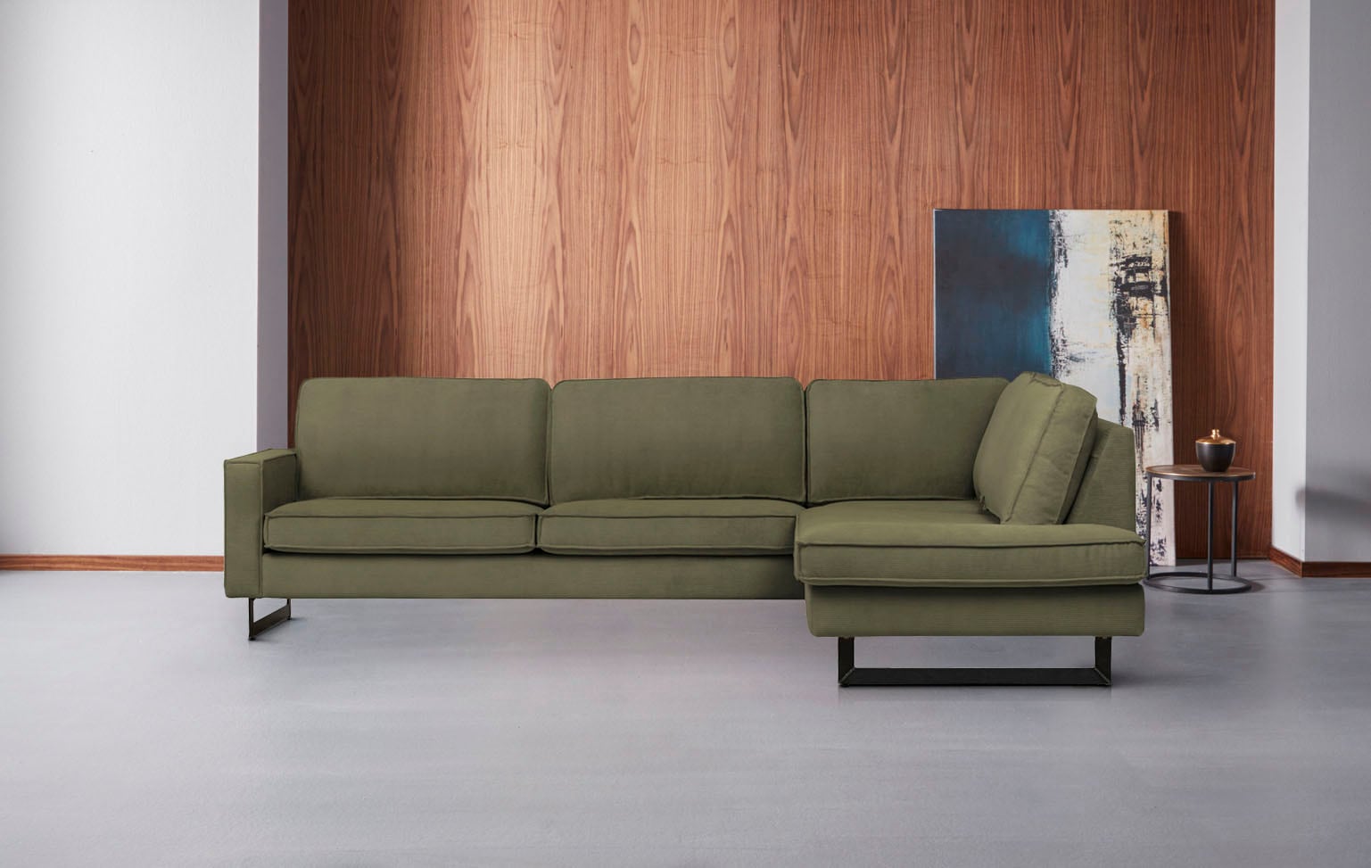 Home affaire Ecksofa »Pinto, 290 cm, Cord, Chenille, Lederoptik, Ottomane links / rechts« mit Keder, schwarze Metallfüße, Wellenunterfederung