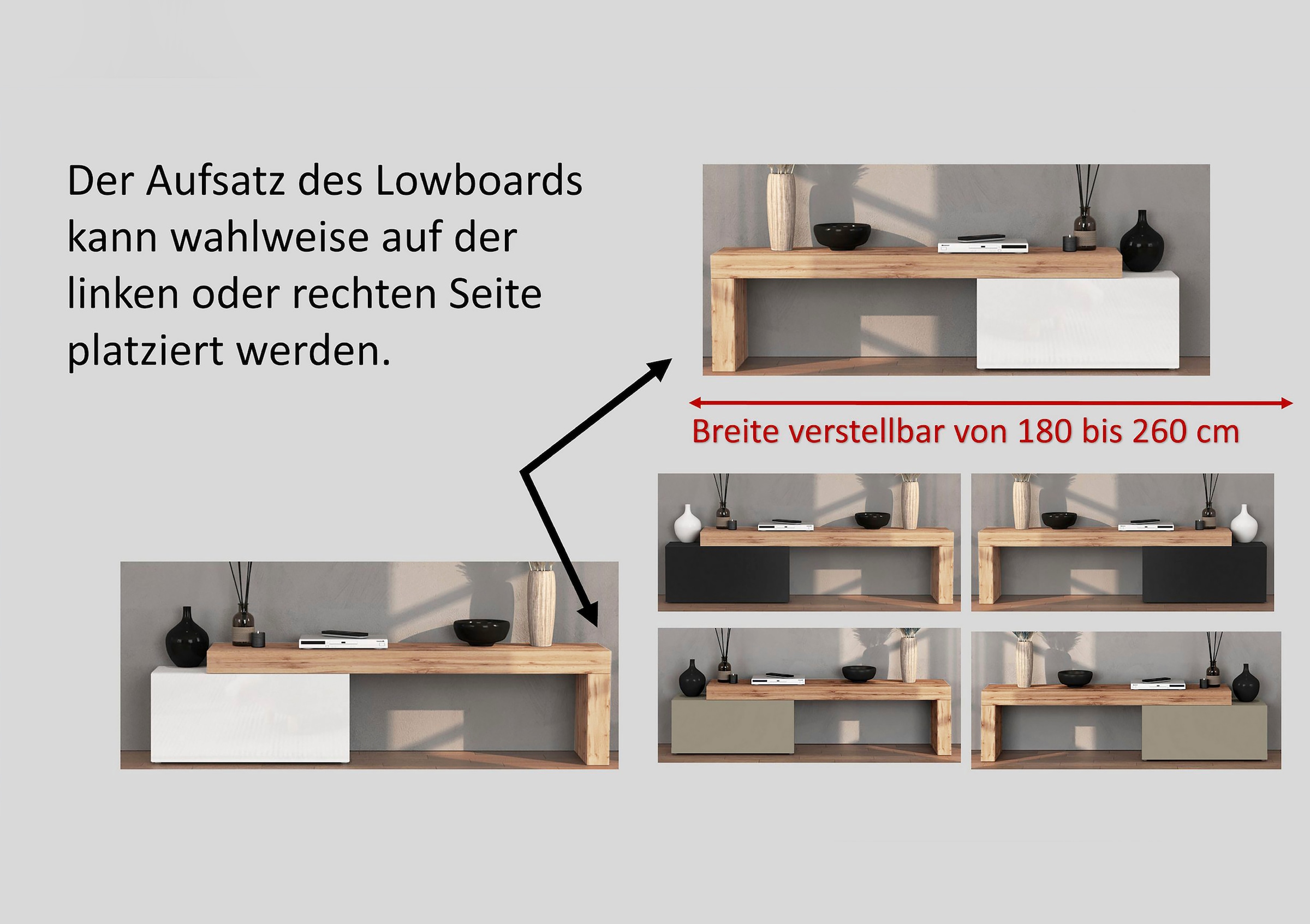 OTTO home Lowboard »Chronos TV-Board, TV-Schrank« Breite verstellbar von 180 bis 260 cm, 1 Stk. tlg. Breite 220 cm TV-Board,Lowboard,1 Klappe und ein L-Förmiger Aufsatz