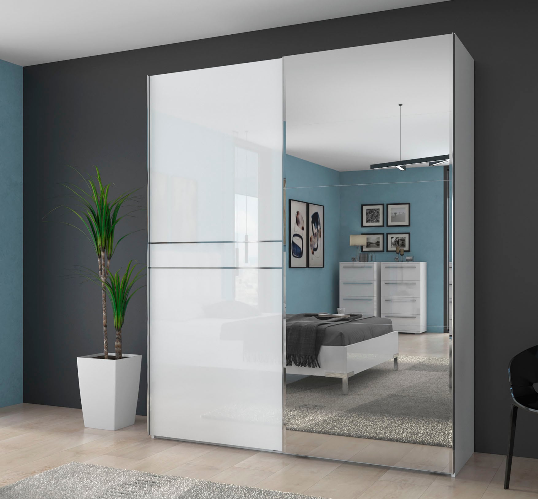 Places of Style Schwebetürenschrank »Piano, mit Einlegeböden und Kleiderstangen, Türen soft-close-Funktion«, (in 3 Breiten, 224cm hoch), mit Spiegeltür, FSC-zertifizierter Holzwerkstoff