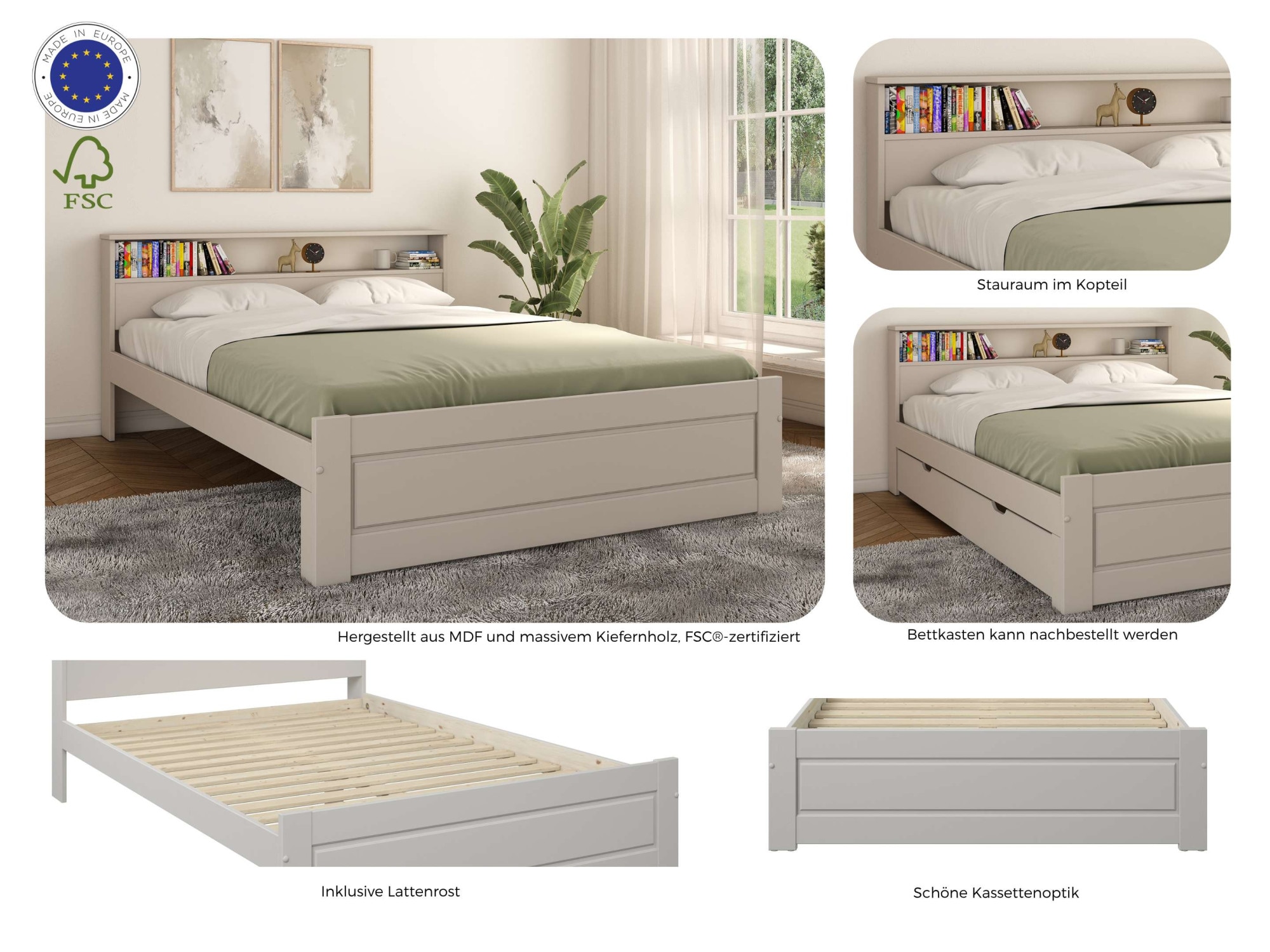 OTTO home Massivholzbett »FLAVION, TOPSELLER! Jugendbett, FSC® zertifizierte massive Kiefer« Breite: 90, 140, 180,  Qualitätsprodukt, Regal, Kassettenoptik, Schublade optional