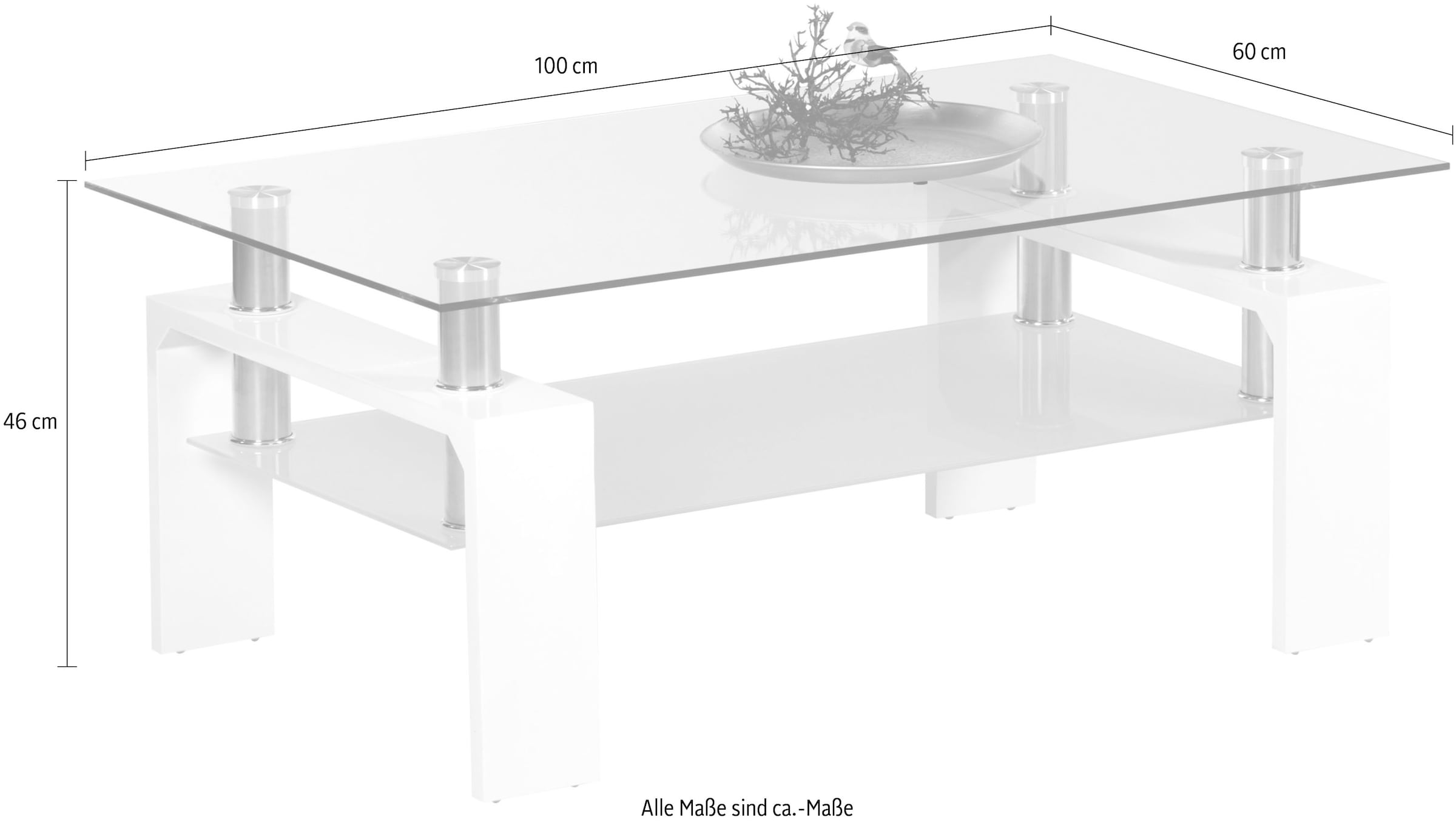 Stolkom Couchtisch »Mango II Glastisch, Wohnzimmertisch, Tisch Glas BxHxT 100x46x60 cm«, Sicherheitsglas 8mm stark, Edelstahlrohre als Distanzhalter