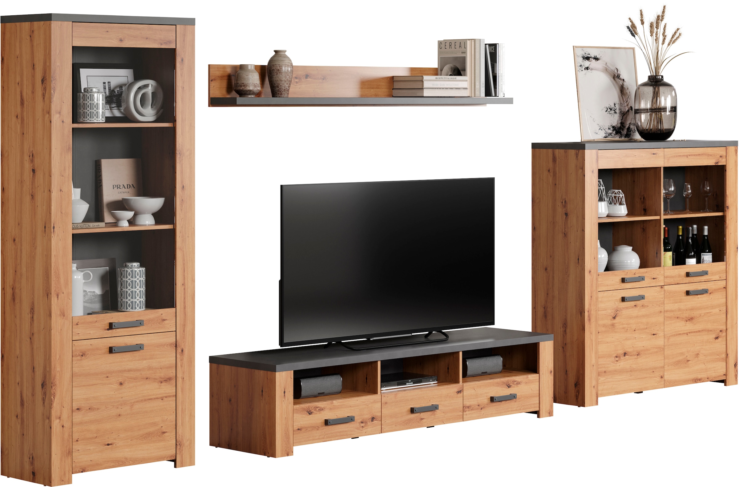 Home affaire TV-Wand »Ambres«, (4 St.), Modernes TV SET, Echtholzoptik, Breite ca. 409 cm, matt
