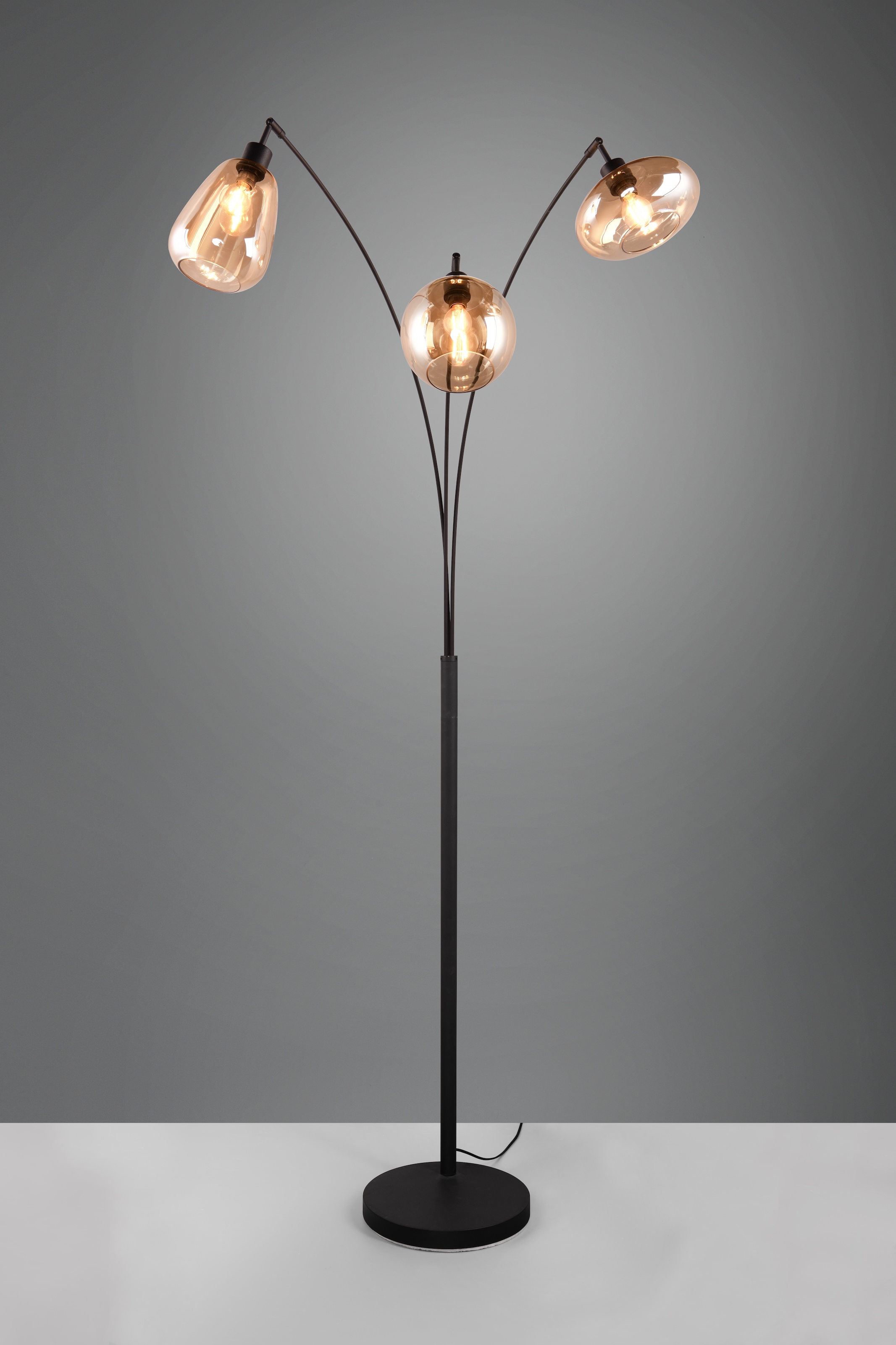 TRIO Leuchten Stehlampe »Lumina, gebogene Stehleuchte mit Glasschirmen exkl 3xE14 max 10W« E14 1 Stk. warmweiß - kaltweiß amberfarbige Gläser in 3 Formen, Fußschalter, Bogenleuchte Höhe 200 cm