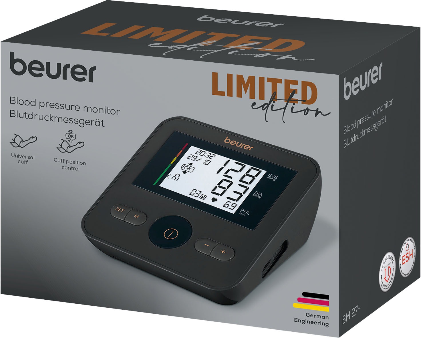 BEURER Oberarm-Blutdruckmessgerät »BM 27 mit Arrhythmie-Erkennung und farbiger Messergebnis-Skala«, Mit Manschetten-Sitzkontrolle und Blutdruckpass zur Dokumentation