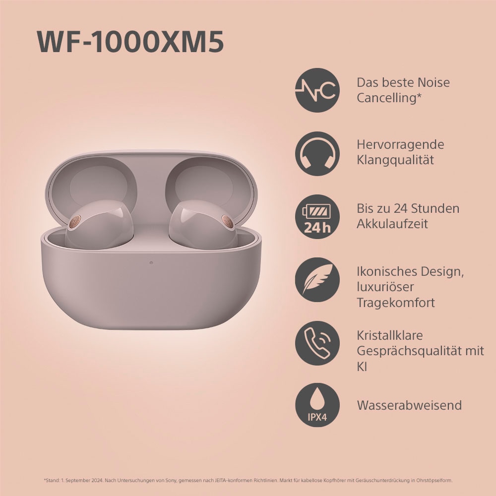 Sony wireless In-Ear-Kopfhörer »WF-1000XM5«, Bluetooth-A2DP Bluetooth-AVRCP Bluetooth-HFP-HSP, Noise-Cancelling-True Wireless-integrierte Steuerung für Anrufe und Musik